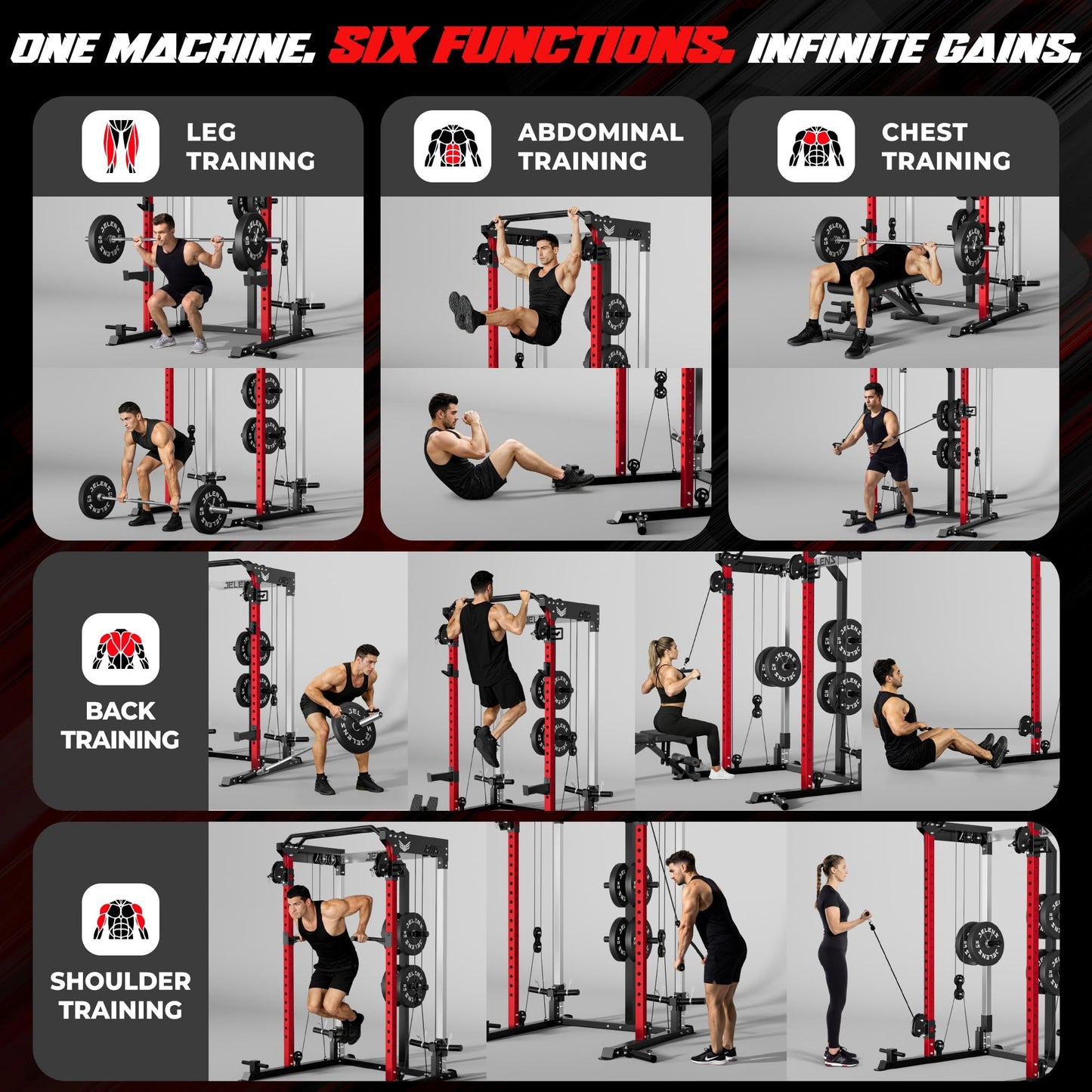 JELENS C21 Power Cage, 2000LBS Multi-Function Power Rack with Independent Dual Pulley System, All-in-One Squat Rack for Cable Crossover, Home Gym Workout Machine (Red, 190LBS Color)