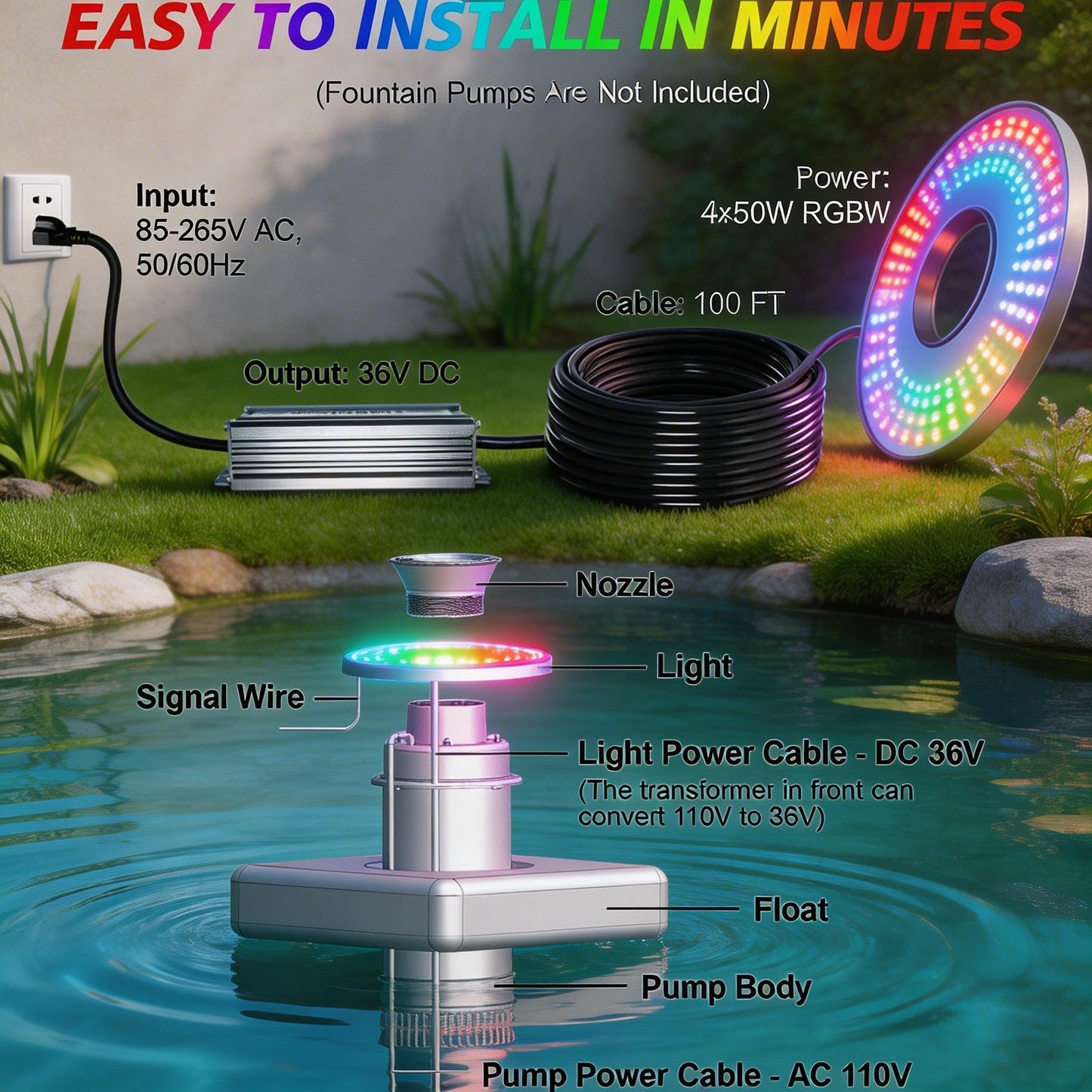 Pond Fountain Aerator Lights RGBW 20000LM LED Fountain Light with 100FT Power Cord AC 120V, 100ft Cable with Controller IP68 Waterproof,Wireless Sync Control with Most Pond Aerators