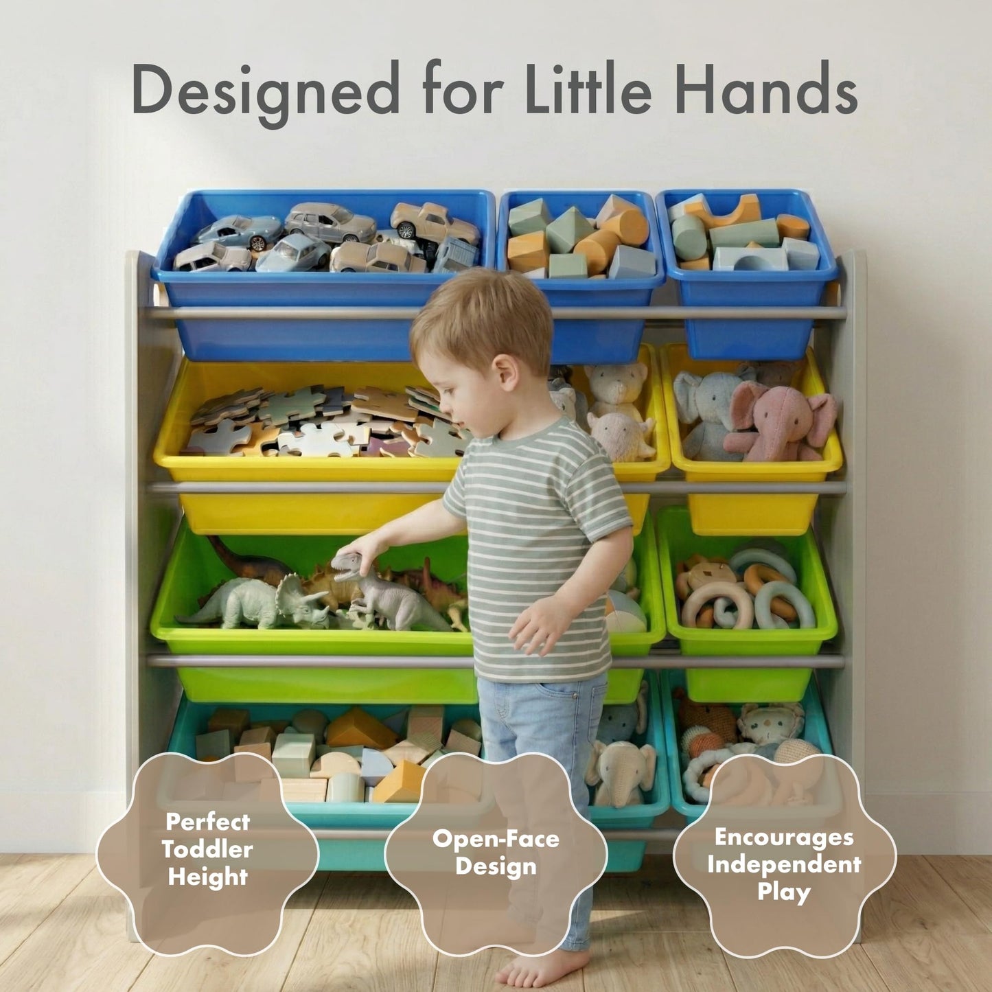 Humble Crew Toy Storage Organizer with 12 Removable Storage Bins for Kids Playroom, 4-Tier Toddler Toy Organization, Grey/Blue/Green/Yellow