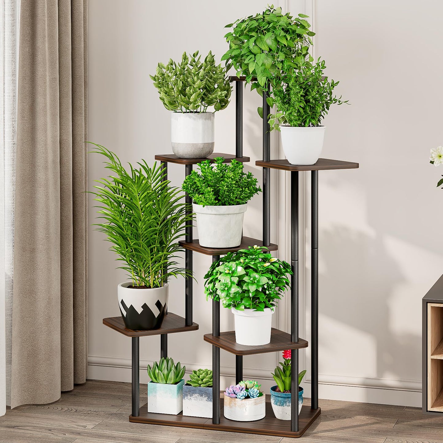 AZERPIAN Plant Stand 7 Tier Indoor Metal Flower Shelf for Multiple Plants Corner Tall Flower Holders for Patio Garden Living Room Balcony Bedroom, Black Oak