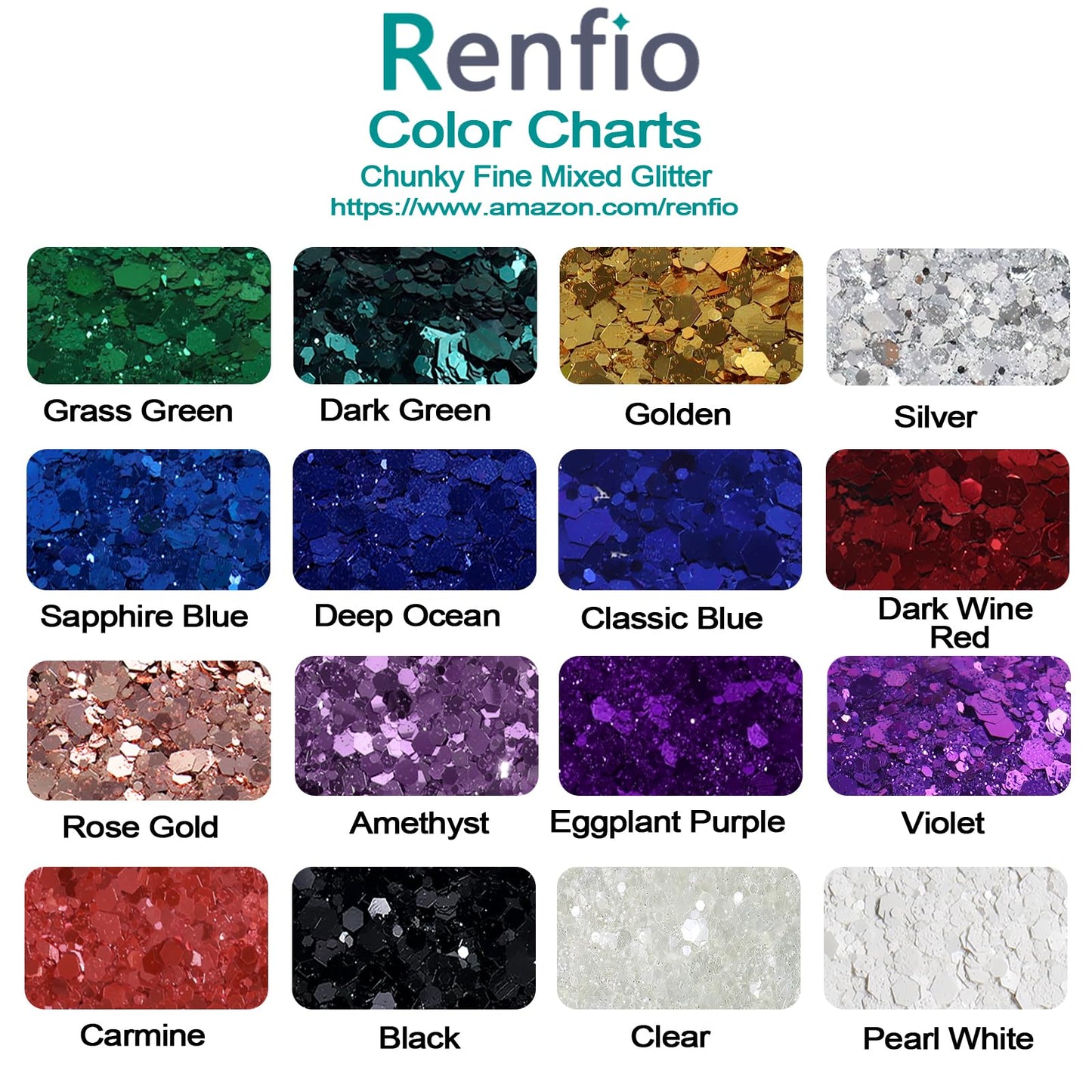 Renfio Chunky Glitter, 16 Colors Resin Glitter Set Each 10g/0.35oz PET Chunky Flakes Sequins Mix Fine Powder for Crafts, Resin Accessories, Snow Globe Tumbler Supplies, Nails
