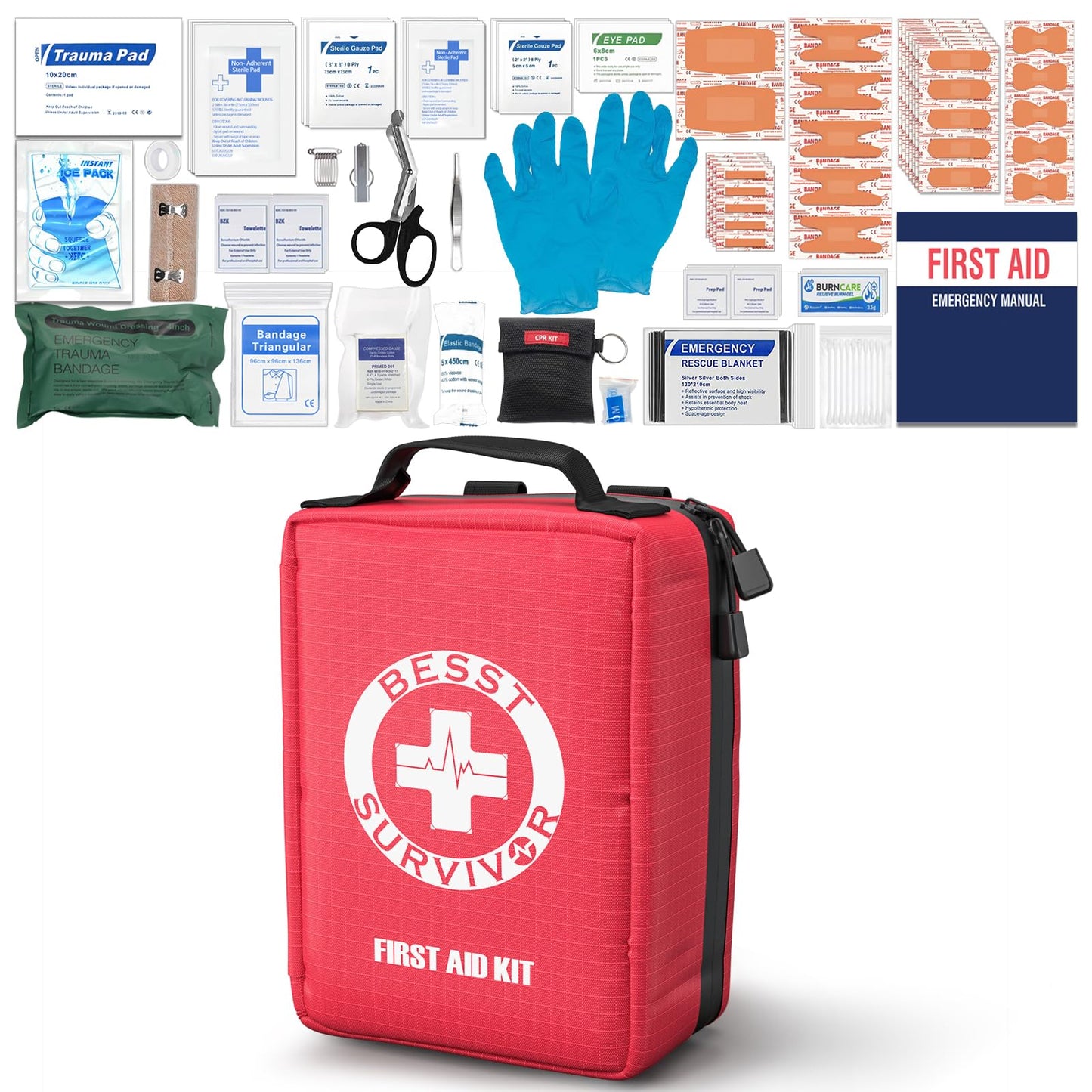 Besst Survivor Premium First Aid Kit - Waterproof Molle Medical Bag with Color-Coded Compartments, with Israeli Bandage, Rescue Blanket & CPR Mask for Home, Car, Hiking, Camping & Outdoor Emergencies