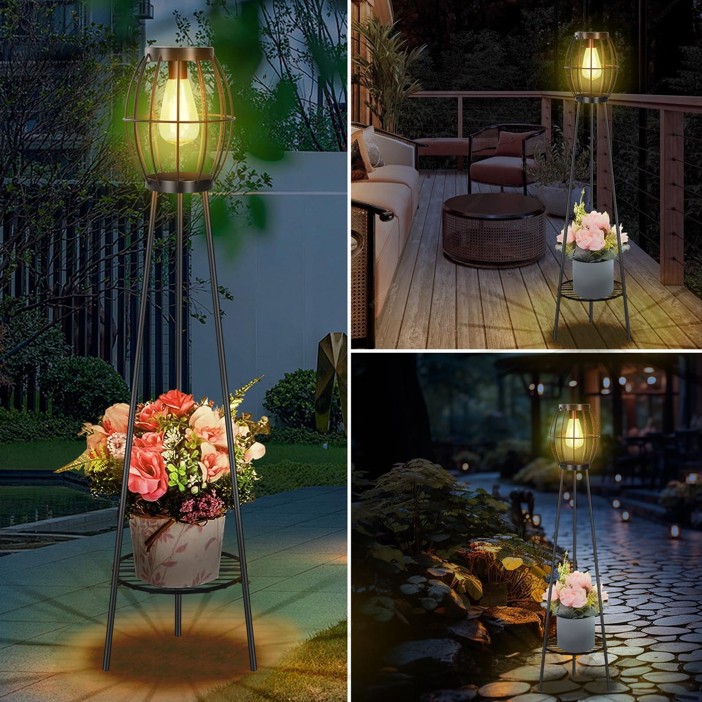 FQIIL 2 Pack Solar Lights Outdoor with Plant Stands, Solar Floor Lamp, Solar Powered Street Light Metal Tripod Deck Lights, Patio Decor for Garden Yard Pathway Driveway Porch