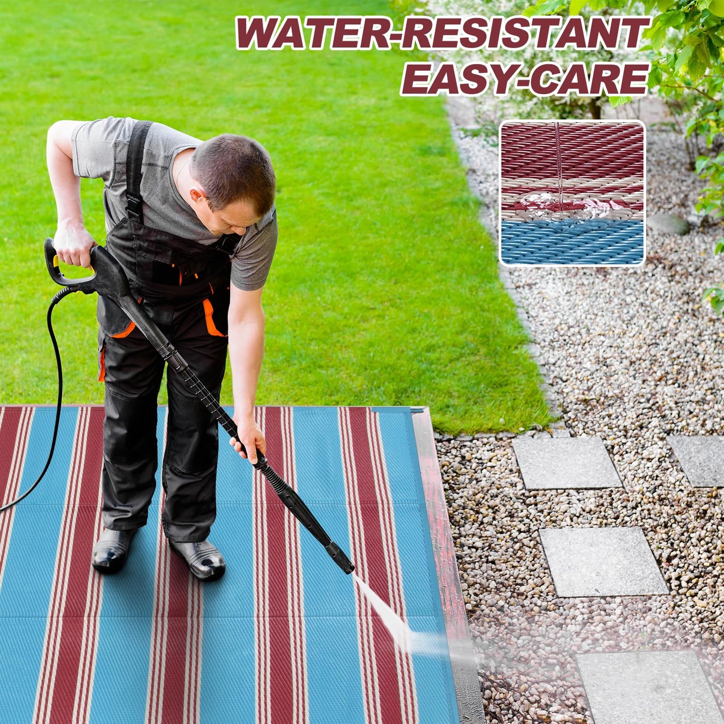 Lahome Striped Outdoor Rug 8x10 Patio Waterproof, Reversible Outdoor Plastic Straw Rug for Camping, RV Patio Rugs Outside Large Carpet for Porch Deck Backyard Picnic(Blue/Red,8'x 10')