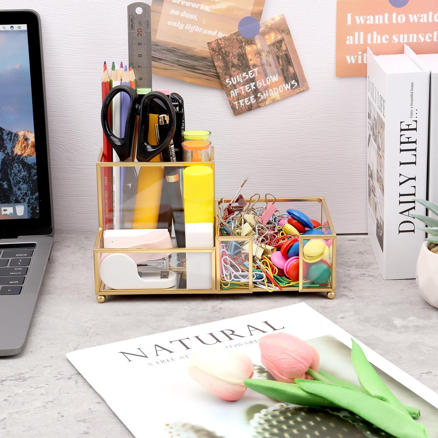 Shonmogar Desk Organizer with 3-Compartments,Glass Small Desk Organizer for Pens Pencils Business Cards Sticky Notes Paper Clips,Gold Stylish Pen Holder for Desk Home Office Decor