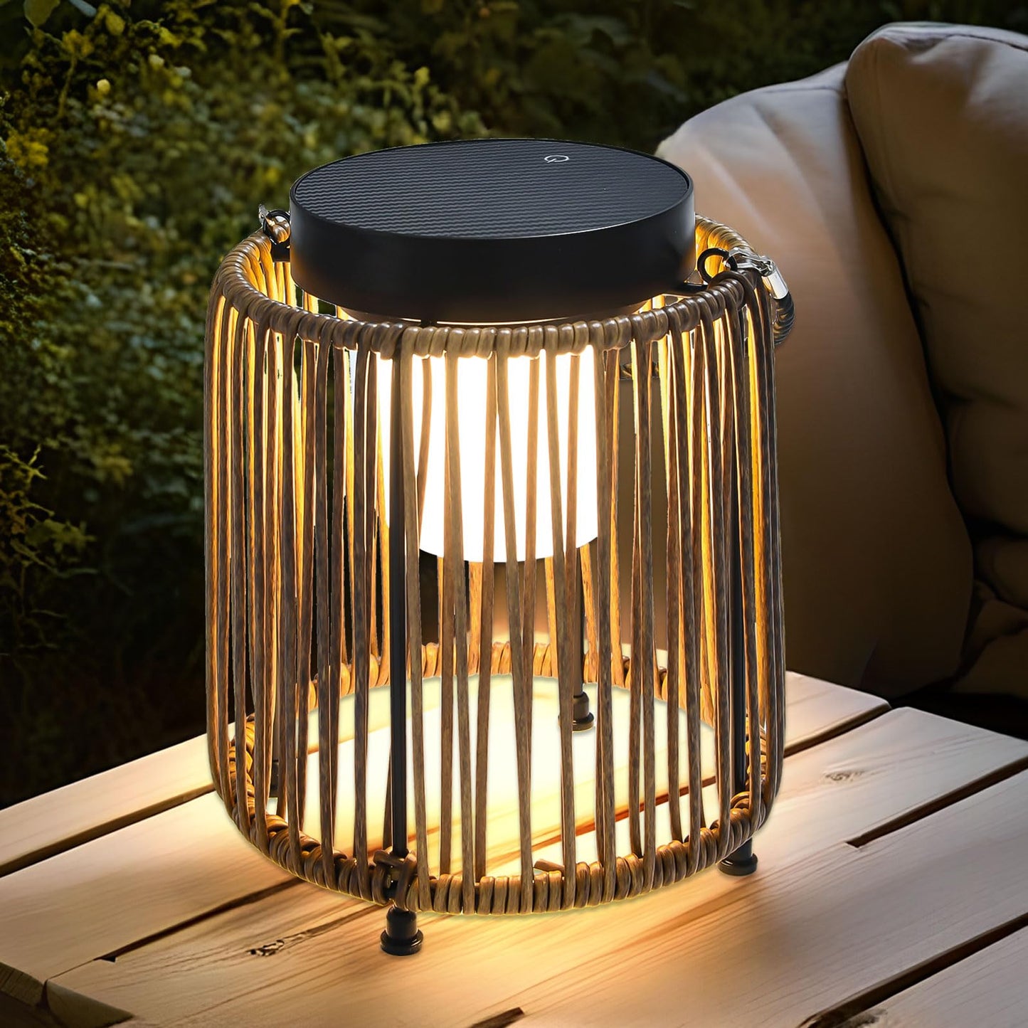 BRIMMEL Solar Lanterns Outdoor Waterproof IP54, Handwoven Wicker Outdoor Table Lamps Portable Rechargeable with 30H+ Runtime, Dual USB-C/Solar Charging Hanging Lantern, 3 Brightness Levels