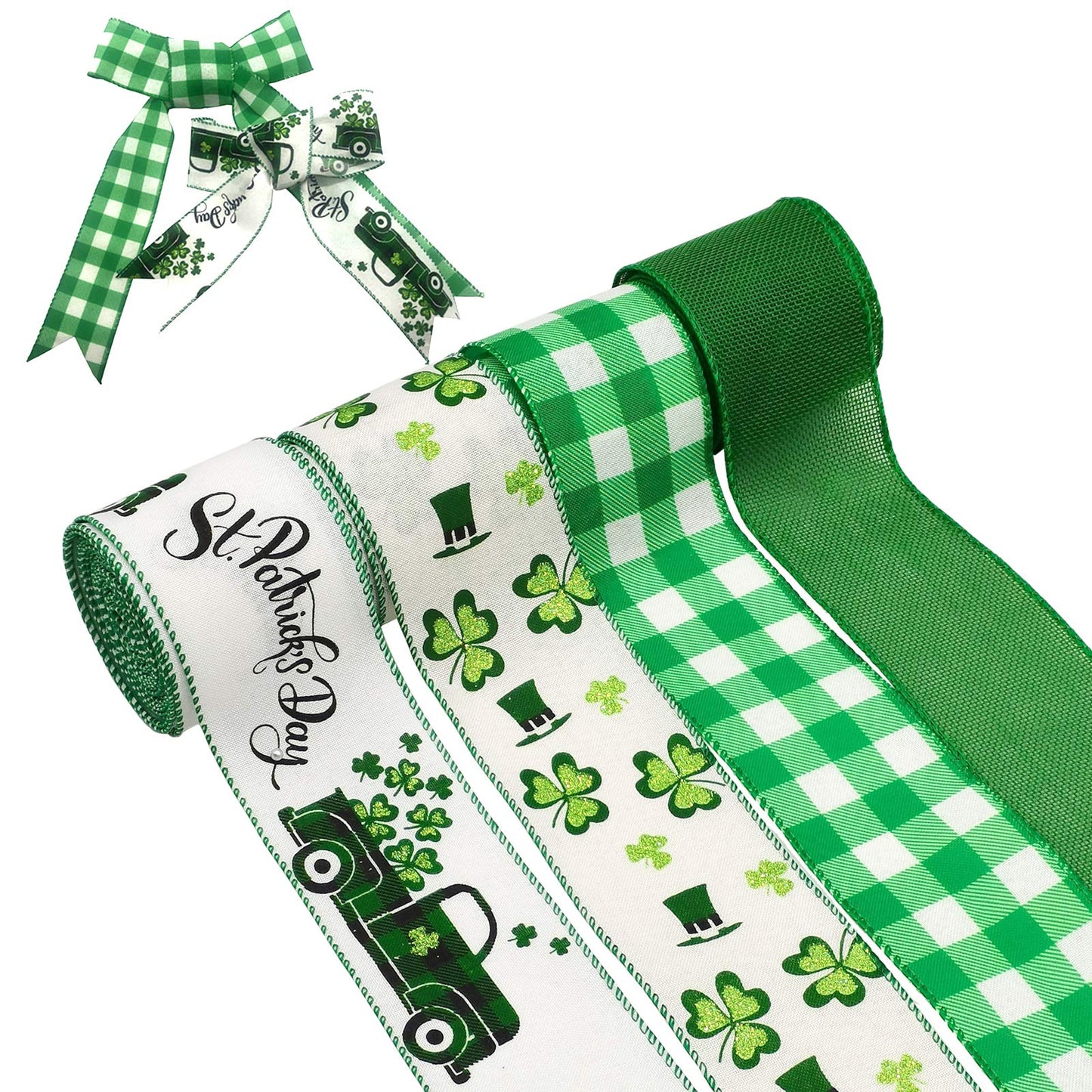 Tlswshsy 4 Rolls Shamrock Wired Edge Ribbon - 2.5''×24 Yard St Patrick's Day Green Wired Ribbon, Burlap Plaid Shamrock Fabric Craft Irish Ribbons for Gift Wrapping, Wedding Birthday Crafts Decorations