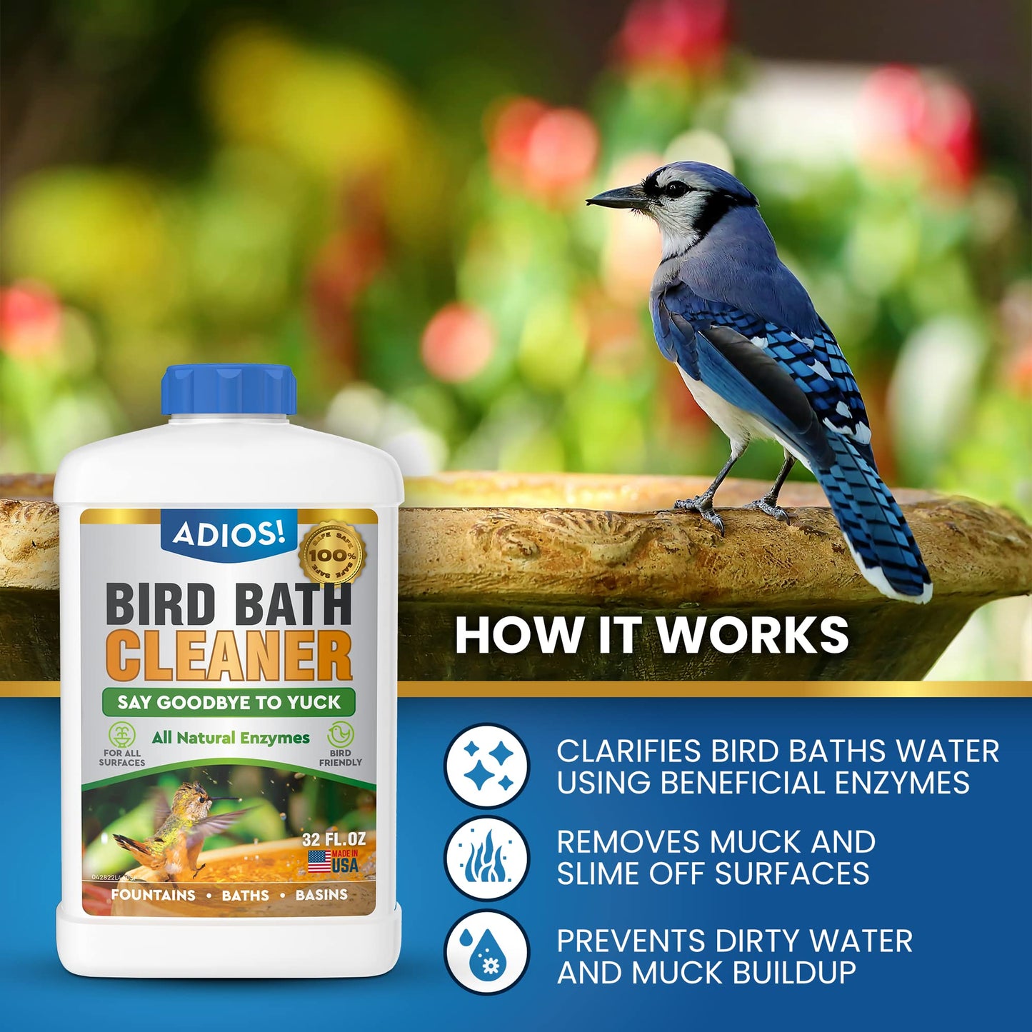 ADIOS! Bird Bath Cleaner for Outdoor Fountains and Bowls, Safely Cleans Metal, Glass and Stone (16oz)