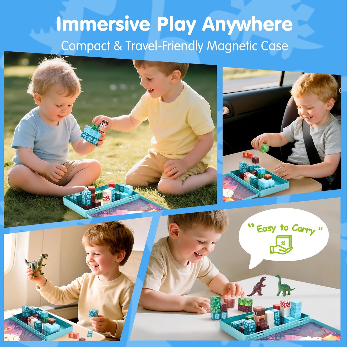 hahaland Mini Magnetic Blocks Travel Set with Magnetic Case - 52 PCS Magnet Building Cubes Dinosaur Toys for Kids 3-5 Toddler Travel Toys Airplane Essentials, Stem Toys 4 Year Old Boys 3 Year Old Gift