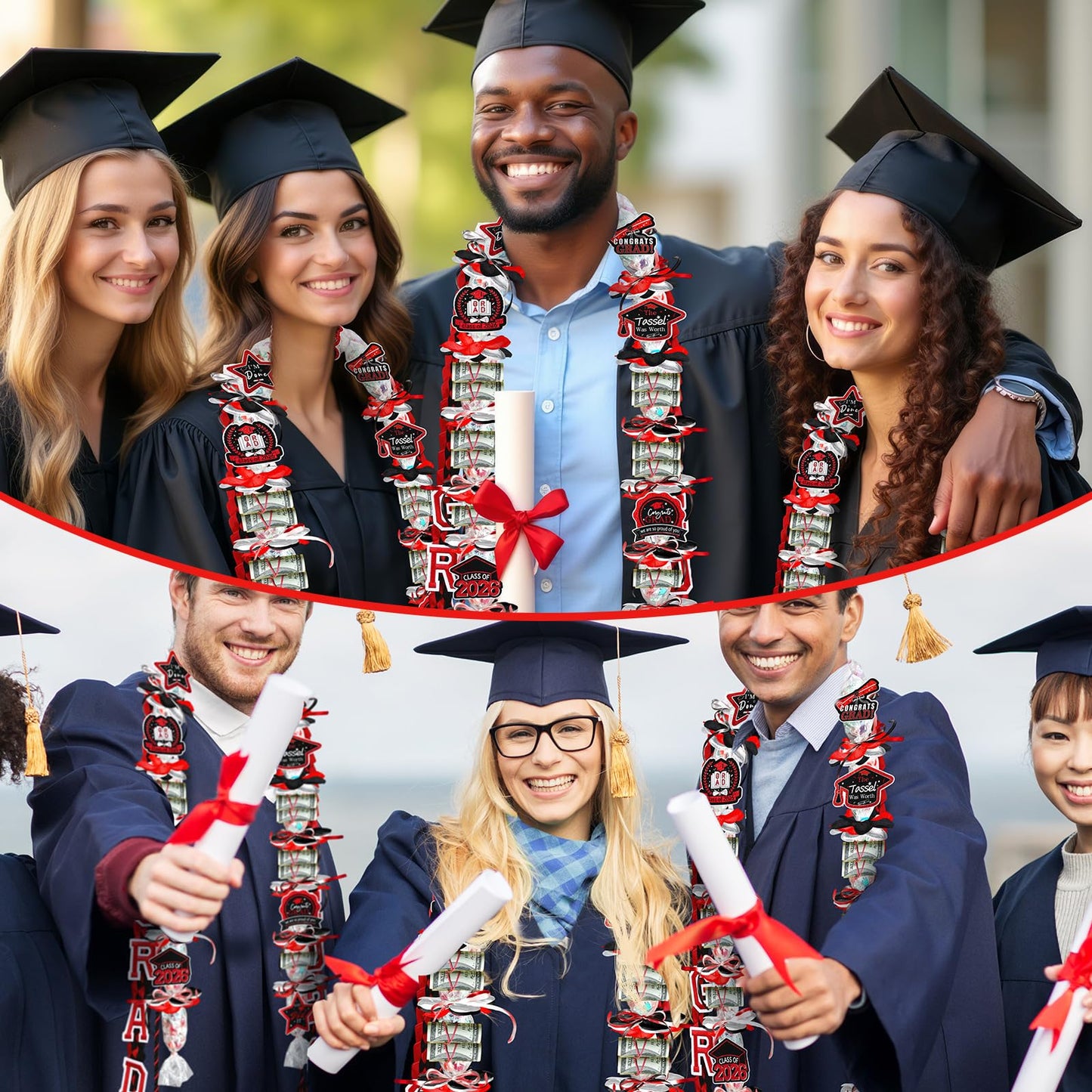 Graduation Candy Lei Making Kit Class of 2026 DIY Lei PE Bags Tubing Money Leis 2026 Graduation Ribbon Necklace Include 2 x 5 ft PE Bags 90 Pcs Flower Accessories for Grad Party Supplies (Black, Red)