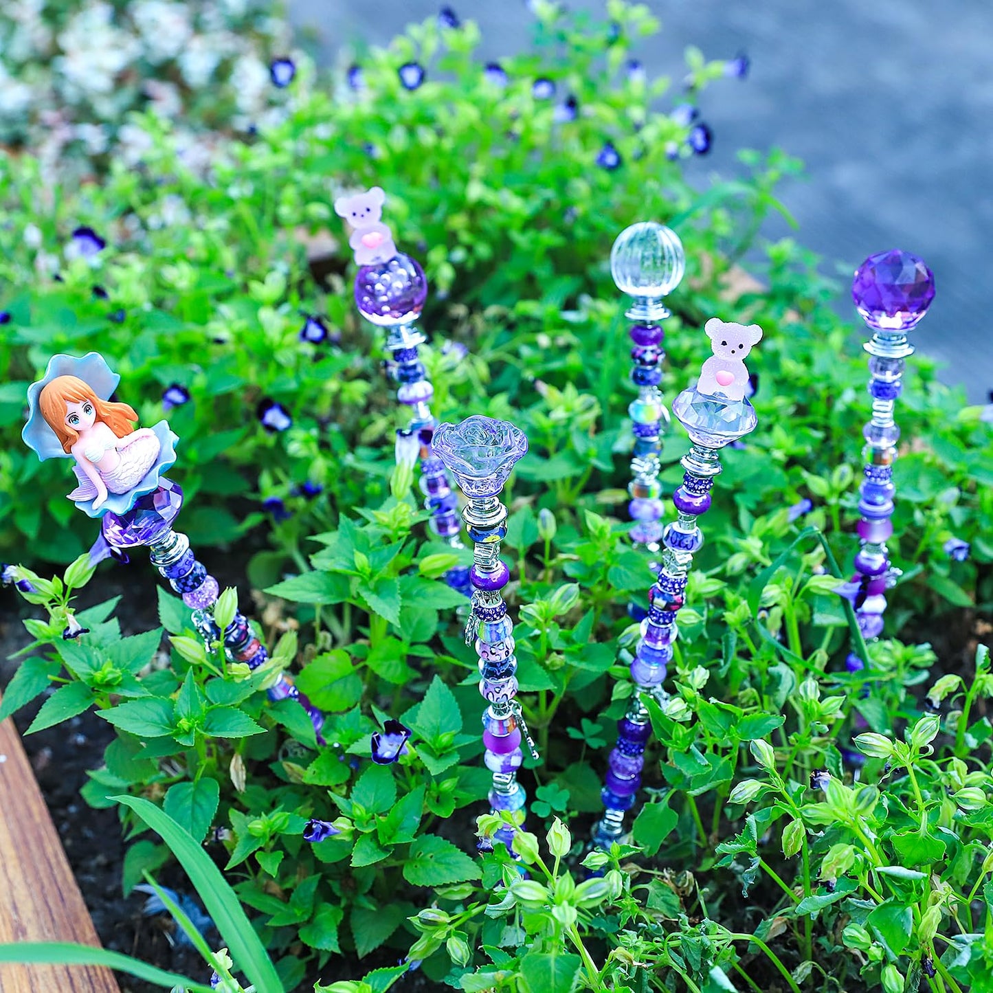 AIPRIDY 158 Pcs DIY Fairy Wand Garden Stakes Kit,Multiple Color Scheme European Beads Crystal Diamond Tops and 12 or 10 Inch Threaded Rods,Stainless Steel Stakes with Diamond Toppe(Purple)