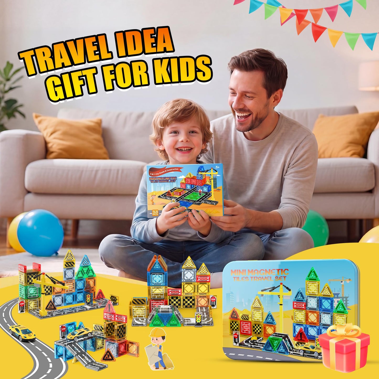 Magnetic Tiles - Construction Toys, Road Set Outdoor Travel Toys with Magnetic Crane & Car for Boys Age 3-5 4-8 8-10, Mini Magnet Building Blocks with Crane, Road, Traffic Lights, STEM Sensory Gifts