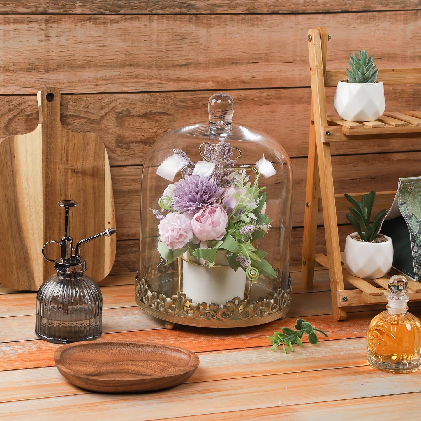 12" Tall Large Sturdy Handmade Glass Cloche Dome with Metal Base 11.4" H x 8" and 8" H x 5.5" in Set of 2 in Gold for Plant, Terrarium, Collectibles, Candle. Cloche Glass Dome, Bell Jar Display Case