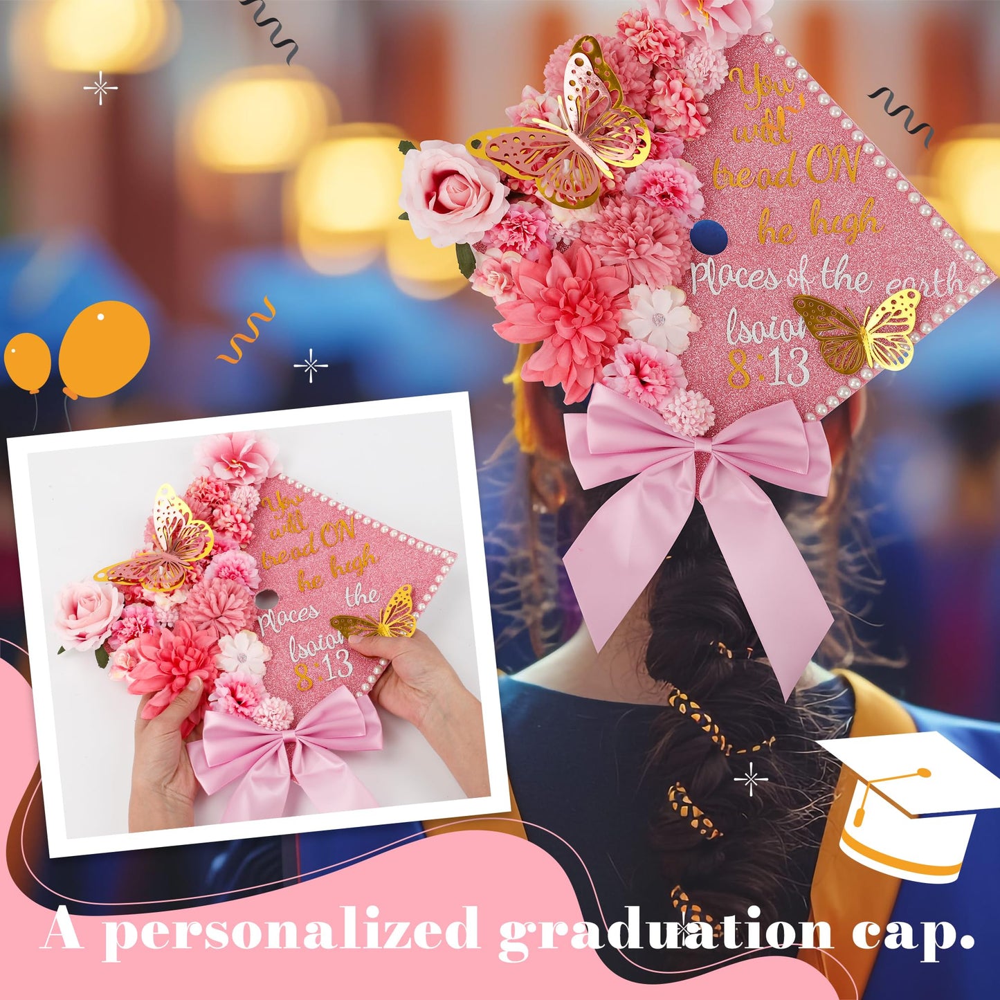 68 Pcs Pink DIY Graduation Cap Decorations Accessory Kit 3D Artificial Flowers Pink White Bows Butterfly Glitter Alphabet Number Pearl Stickers for DIY Hat Grad Cap Topper Graduation Party Supplies