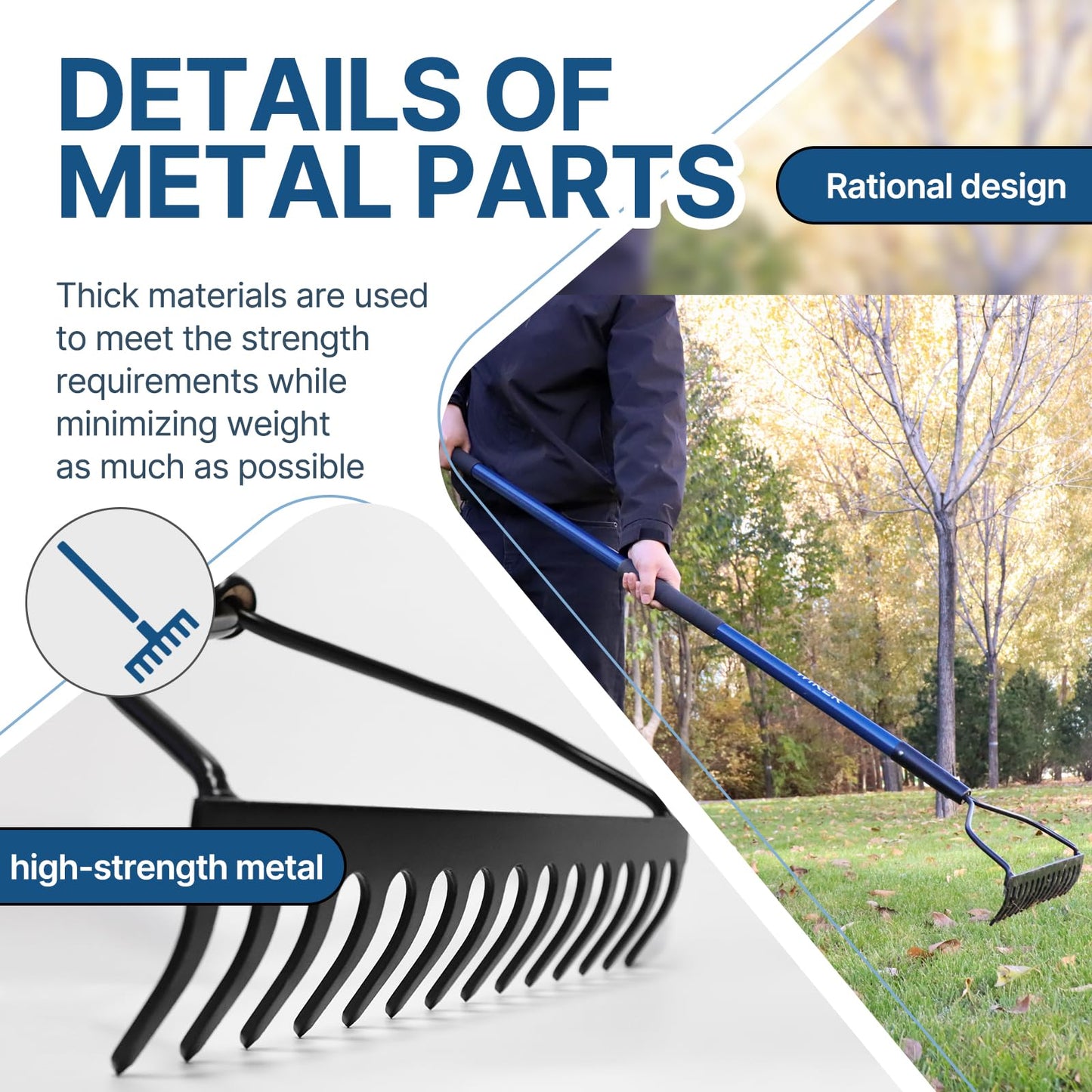 WIKER Heavy Duty Metal Rake – 57" Fiberglass Handle Garden Rake – 14-Tine Steel Rake for Soil, Gravel, Leaves – One-Piece No-Slip Design for Gardening & Landscaping