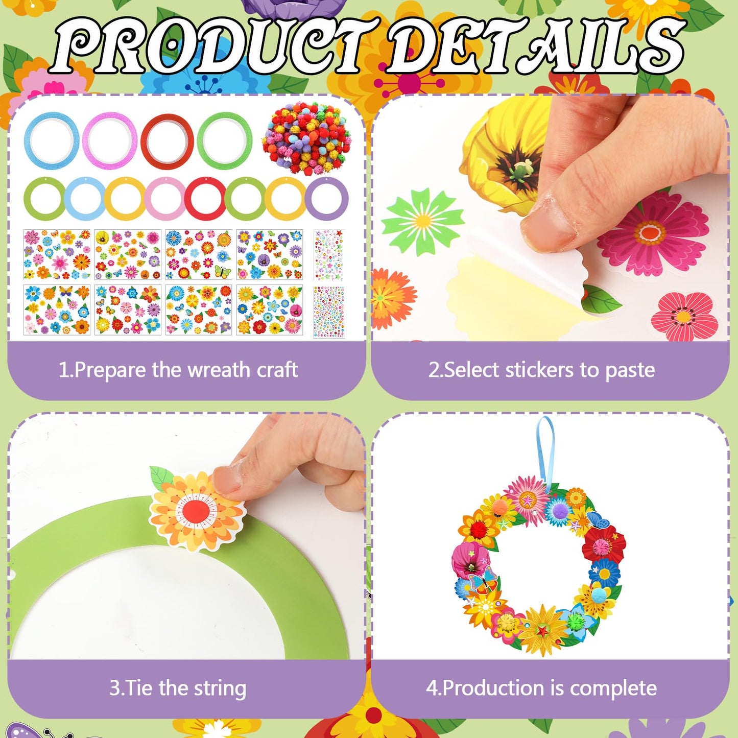 Hollowfly 48 Sets Flower Wreath Craft Kits DIY Summer Hanging Ornaments Decoration Make Your Own Floral Paper Craft with Stickers for Spring Summer Party Favors Seasonal Activities Supplies