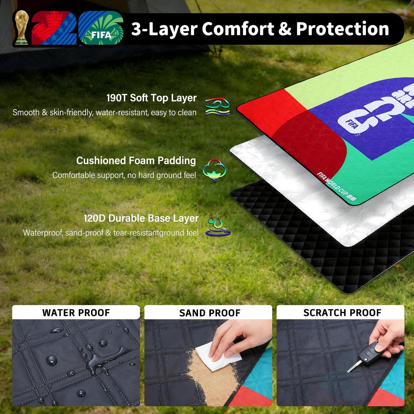 MESUCA FIFA World Cup 2026 Picnic Blankets, World Cup Trophy Design Outdoor Blanket, 75''x79'' Large Beach Blanket Waterproof Sandproof, Foldable 20*6" Picnic Mat, FIFA 26 Official Licensed - FIFA 26