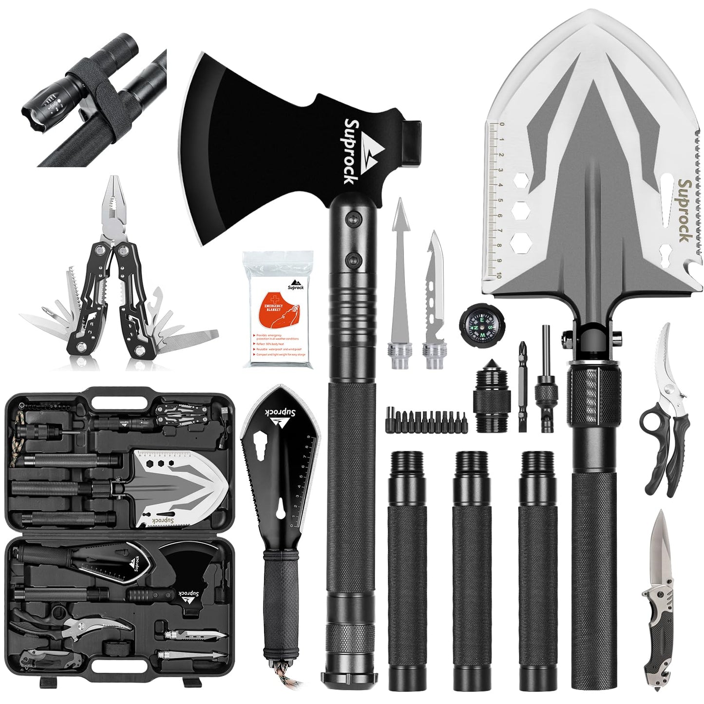 SUPROCK Survival Shovel and Camping Shovel, 30-in-1 Tactical Shovel Axe with High Carbon Steel, Folding Entrenching Tool with Pouch for Emergency, Hiking, Outdoor Gear