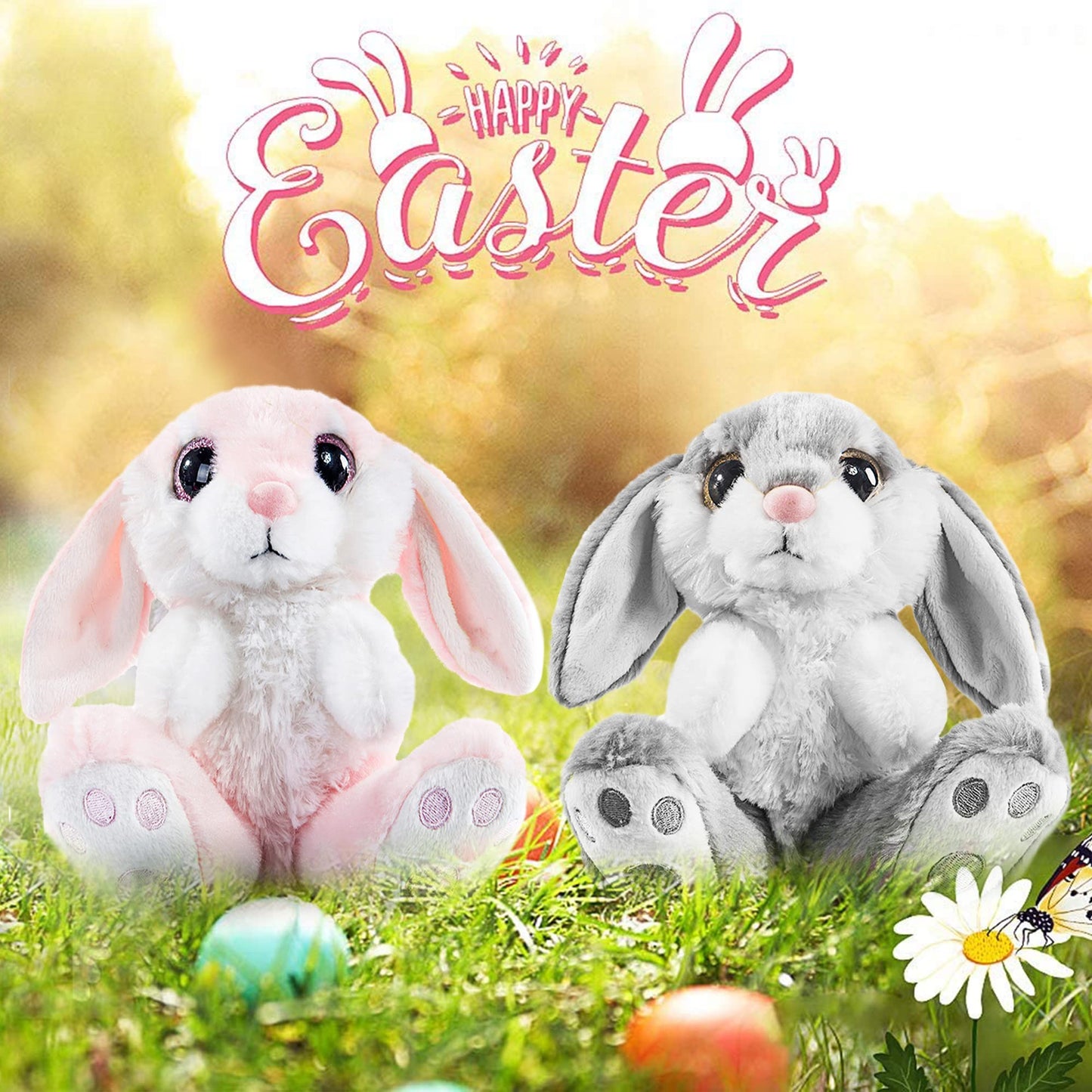 My OLi 2 Pack Easter Bunny Stuffed Animals 7 Inch Small Stuffed Bunny Soft Plush Rabbit Toys with Floppy Ears Bedtime Friend Soft Toy Easter Gifts for Kids Girls & Boys, Gray & Pink
