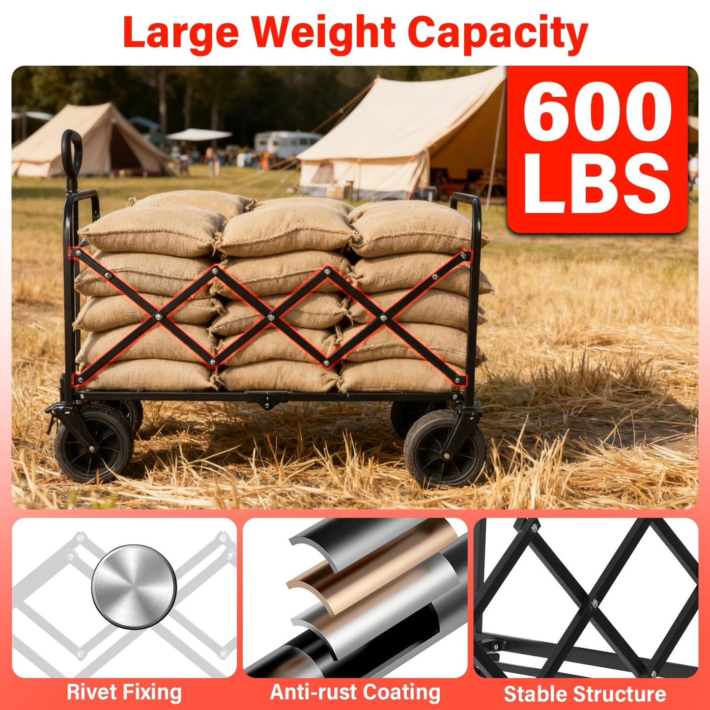 Collapsible Wagon Cart Foldable, 600LBS Beach Wagon with Big All-Terrain Wheels & Brakes, Heavy Duty Folding Utility Carts with Cup Holders for Garden, Camping, Sports, Groceries, Shopping