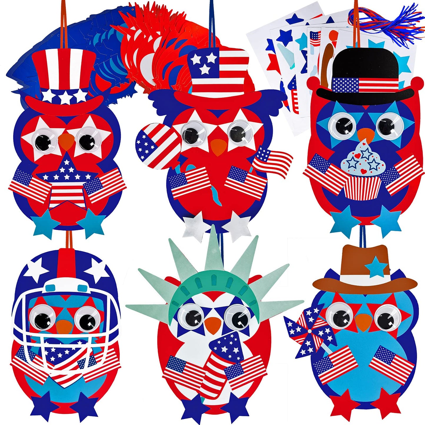 Winlyn 36 Sets 4th of July Craft Kits Patriotic Crafts DIY Owl Ornaments Decorations Art Sets Owl Shapes with Red White Blue USA Flag Patriotic Star Stickers for Kids Party Classroom Activities