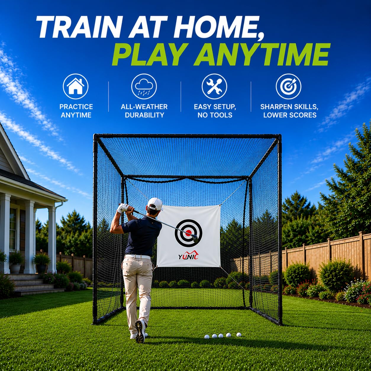 YUNIC Golf Driving Cage with Steel Frame, Golf Nets for Backyard Driving for Full Swing and Chipping Practice Indoor Outdoor (Black, 10'(W) x10'(H) x10'(D))