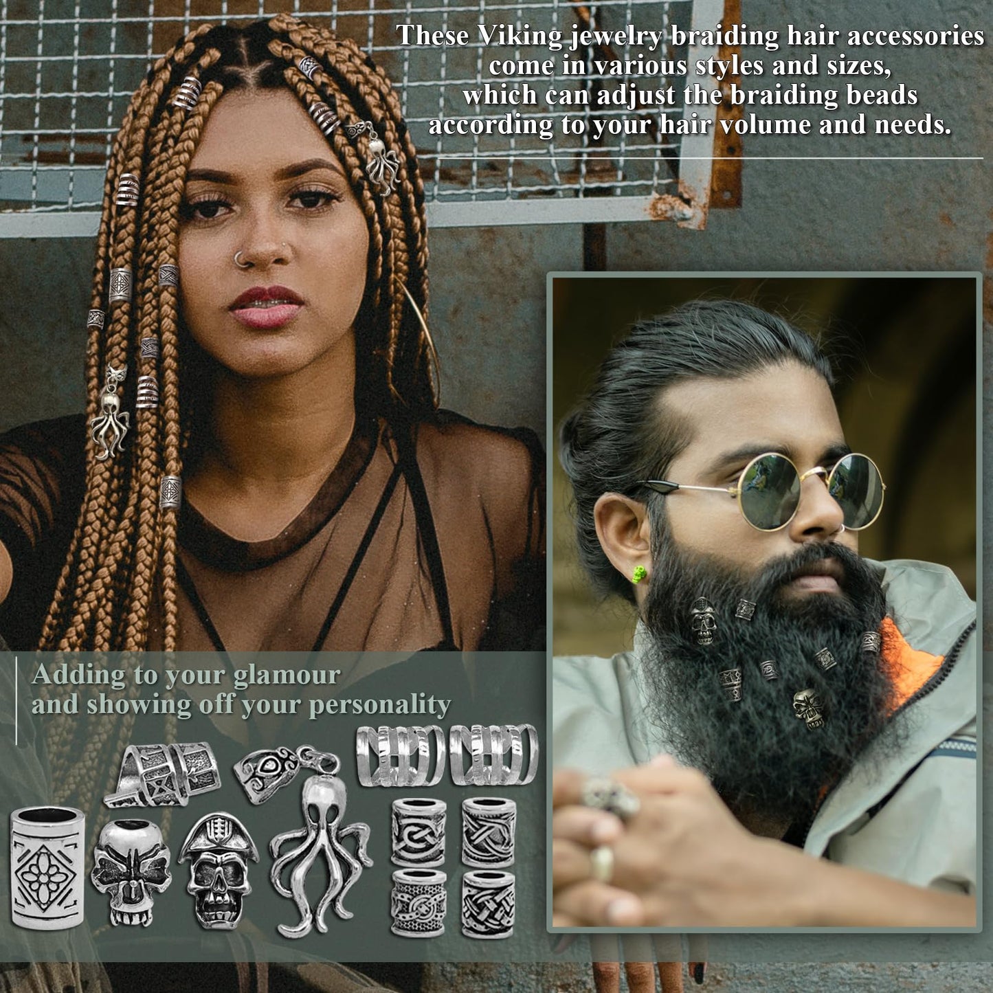Fscwlmon 207Pcs Viking Hair Jewelry Nordic Runes Tube Beads,Accessories Kit for Braids Dreadlock Beard Locs,Metal Clips Cuff Rings,Braiding Beard Decoration Bracelets Pendant Necklace DIY Silvery