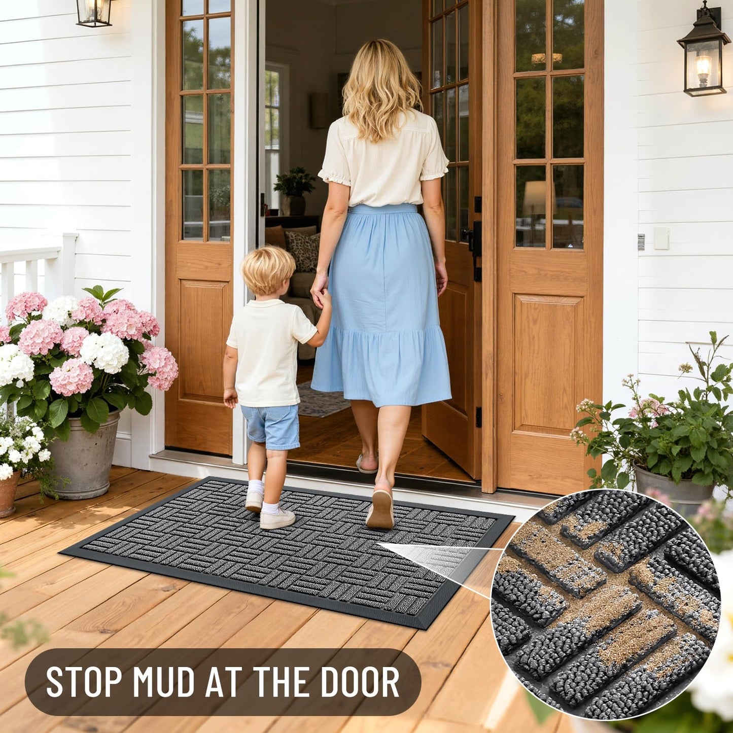 OLANLY Front Door Mat Outside Entrance 47x32, Absorbent, Heavy Duty Sturdy Natural Rubber Doormat Indoor Outdoor, Stain and Fade Resistant, Non-Slip Backing Low Profile Floor Mat for Entryway, Grey