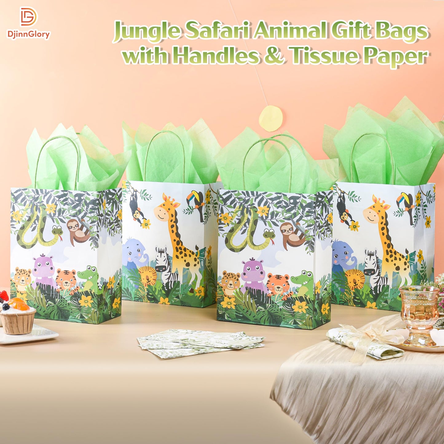 36 Pack Medium Jungle Safari Woodland Animal Themed Paper Gift Bags with Handles and Green Tissue Paper for Birthday Baby Shower Party Favors Goodies Treats, 10x8x4 Inch (2 Assorted Designs)