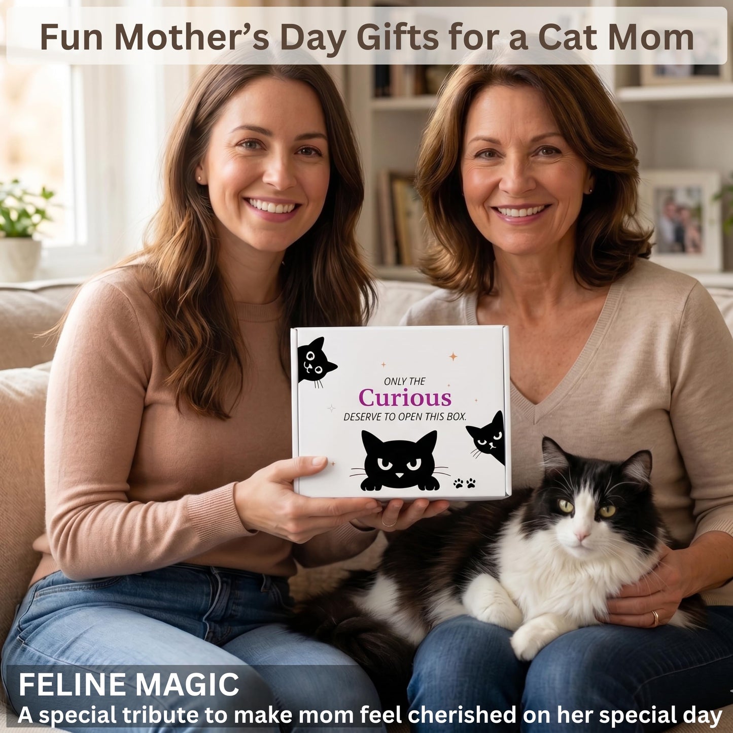 QUILE Fun Cat Mom Mothers Day Gifts Box, Cat Lover Gifts for Women, Premium Cats Themed Gifts Set for Women with Borosilicate Glass Cup Crochet Doll & Socks, Crazy Cats Lady Gift Basket for Birthday