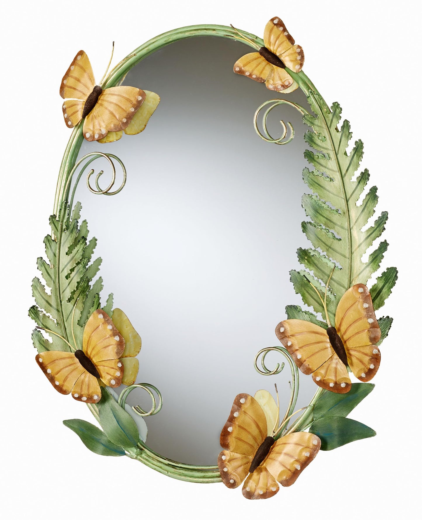 Butterfly Song Decorative Oval Wall Mirror | Designed by Joanne Ferrara | Handcrafted Metal Mirrored Artwork | Handpainted Green, Gold, and Golden Yellow Earth-Toned Butterflies, Leaves, & Fern Plants