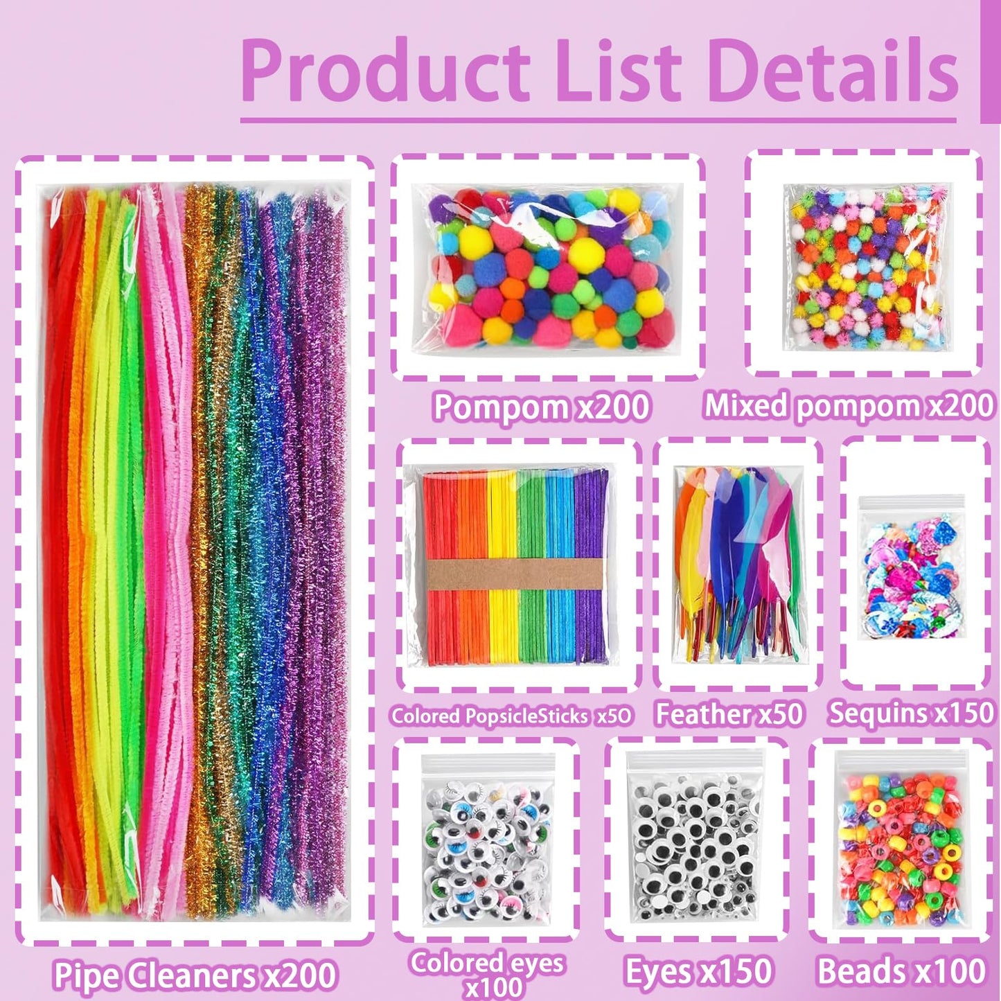 FUNZBO 1200pcs+ Craft Kits with Pipe Cleaners, Pom Poms for Crafts, Popsicle Sticks for Craft, Arts & Crafts Supplies for Kids Ages 4-8 Girls & Boys Birathday Gifts