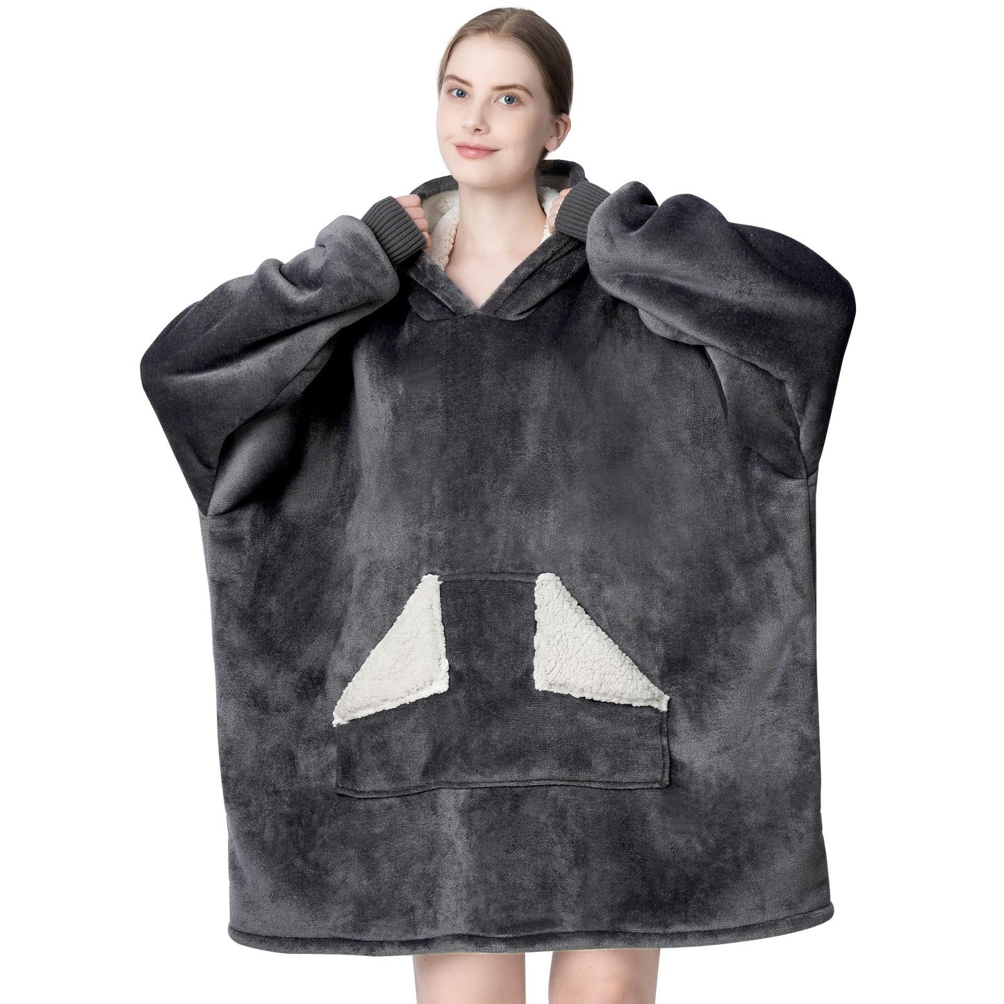 Touchat Wearable Blanket Hoodie, Oversized Sherpa Fleece Sweatshirt Blanket with Giant Hood Pocket and Sleeves for Adult, Warm & Cozy Grey Blanket Gifts for Women