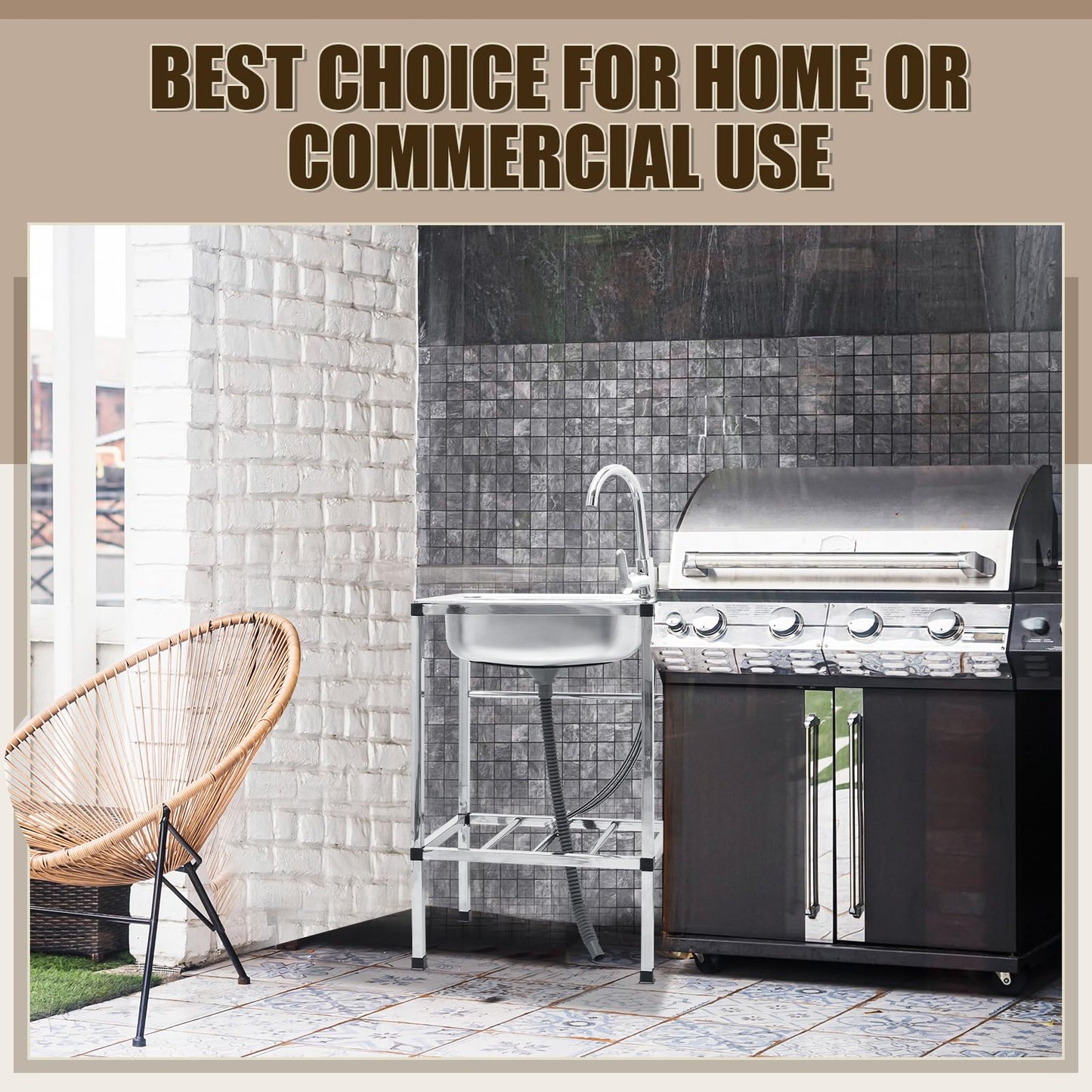Tandefio Freestanding Outdoor Kitchen Utility Sink Set Stainless Steel Single Bowl Sink Portable Commercial Utility for Restaurant Cafe Bar Hotel Garage Laundry Room(Single Bowl)