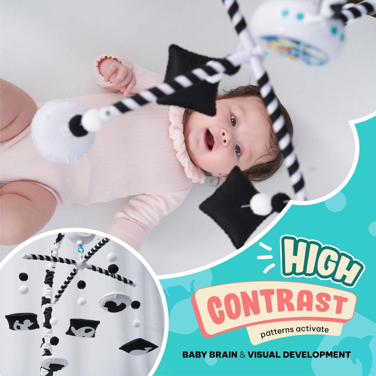 Montessori Mobile Baby for Crib (TINITIGIES) - Black and White Mobile Give Visual Stimulation to Engage Your Newborn - Baby Crib Mobile for Boys & Girls - Baby Mobile for Crib (Animal)