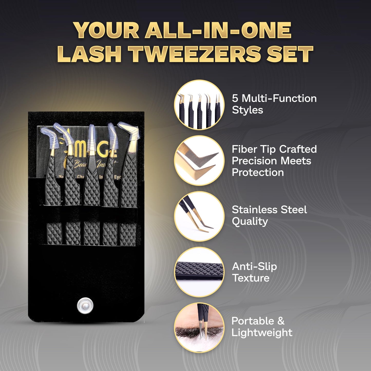 5 Pcs Fiber-Tip Japanese Steel Lash Tweezer Set with Leather Case, Professional Eyelash Tweezers for Lash Extensions – Titanium Coated, 90 & 45 Angled, Precision Pointed Tweezers (MATT BLACK)