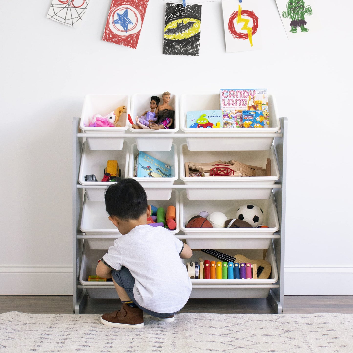 Humble Crew Toy Storage Organizer with 12 Removable Storage Bins for Kids Playroom, 4-Tier Toddler Toy Organization, Grey/White