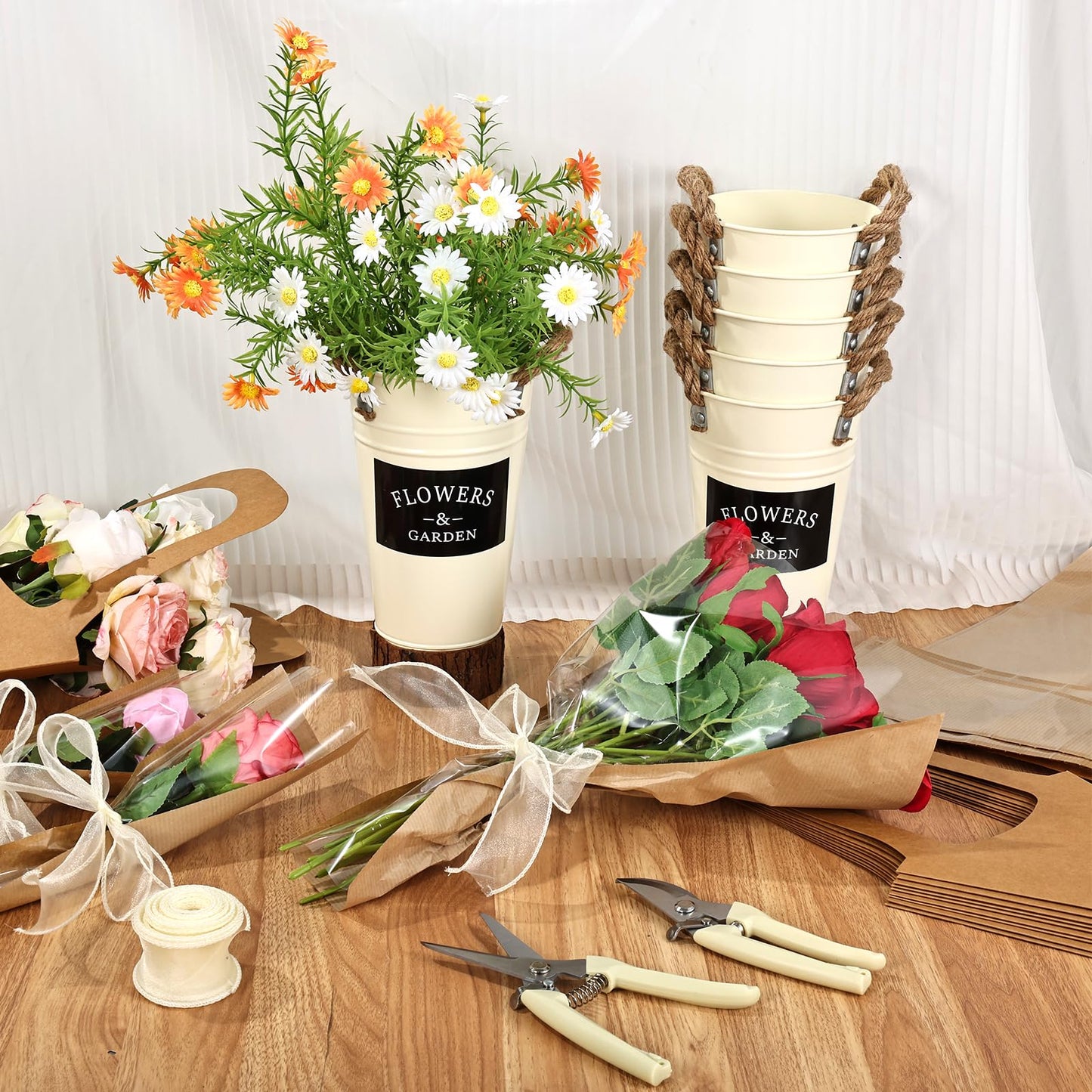 48 Pcs Floral Bar Bucket Set - Bloom Bar Supplies,6Pack White Flower Bucket Flower Packaging Gift Bags & Garden Shears for Valentine's Day, Weddings, and Bridal Party Centerpiece Decorations