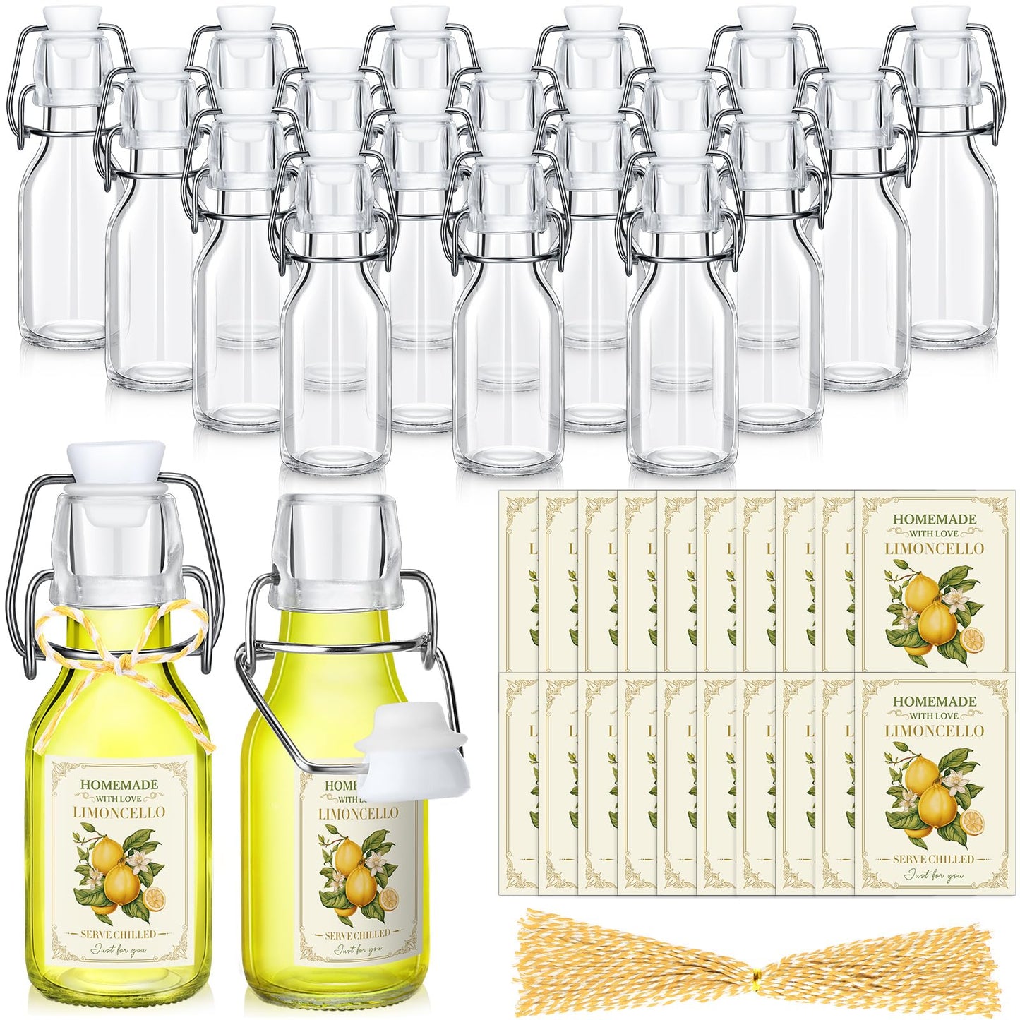 Havawish 20 Sets 4 oz Limoncello Bottles Swing Top Glass Bottles for Homemade Clear Flip Top Mini Limoncello Bottle with Labels Airtight Cap Lids for Home Brewing Gifts Wedding Baby Shower Favors