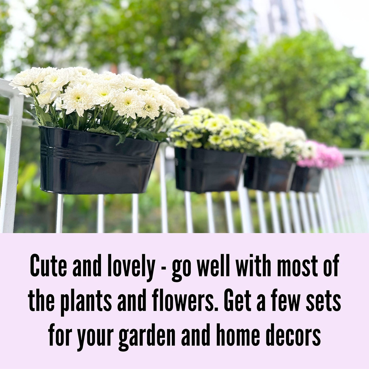 LaLaGreen Outdoor Rail Planter for Balcony (4 Pack, 9.8 Inch) Small and Cute Black Metal Iron Fence Hanging Flower Pots Deck Railings Buckets Boho Style Window Box Plant Holder Hooks Porch Decor