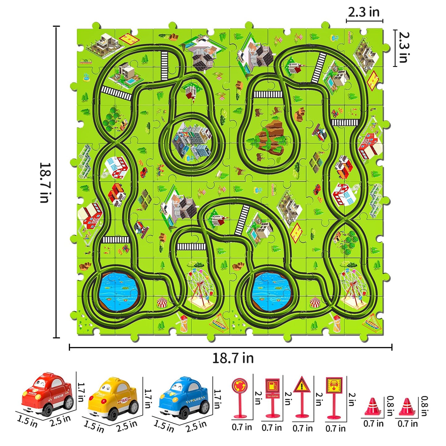 JUKUDAHU 64 Pieces Puzzle Race Track Car Set Toys for 3 4 5 6 Year Old Boys - Puzzle Tracks Car Toys for Kids Ages 3-5 with 3 Sliding Toy Cars, City-Themed, Birthday Gifts for Toddlers 1-3 2-4 4-6