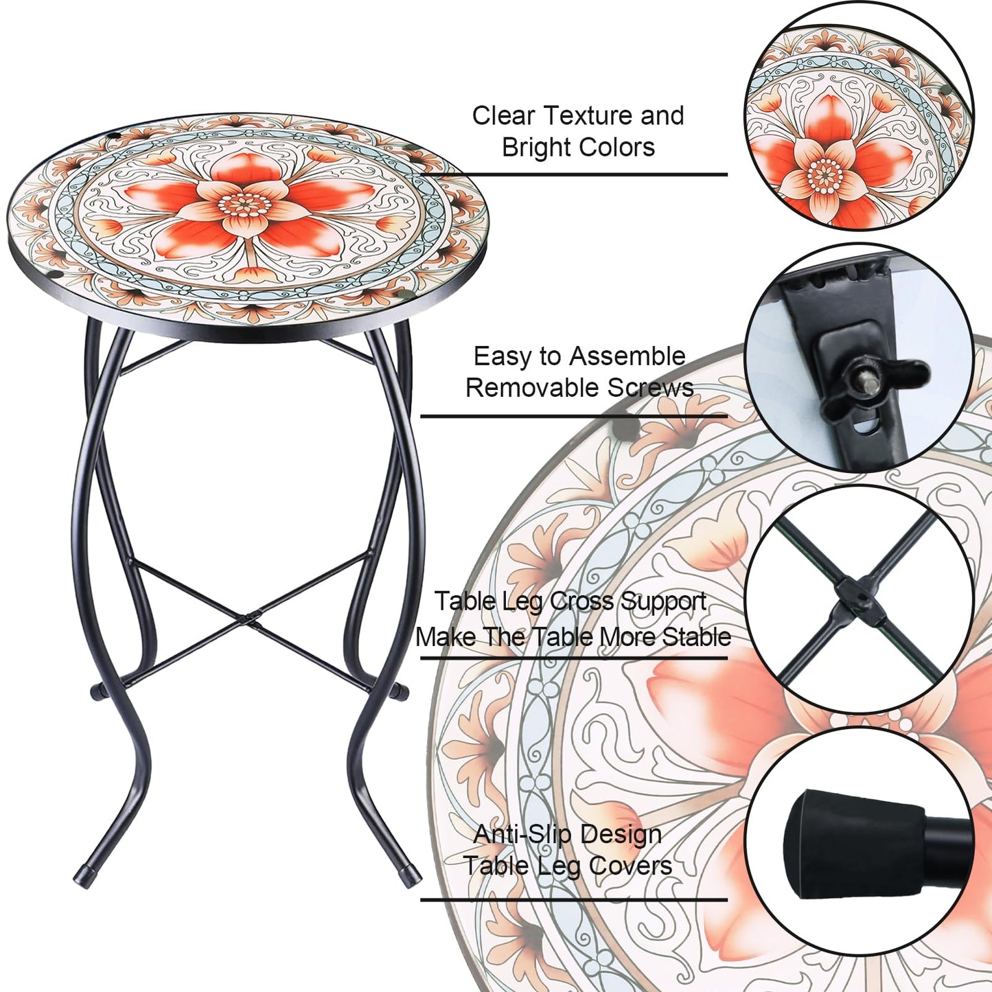 Arbuxzuy 12 Inch Small Outdoor Side Table with Pink Flower, Glass Mosaic Patio Table Indoor, Round Plant Coffee Table for Living Room, Balcony, Garden
