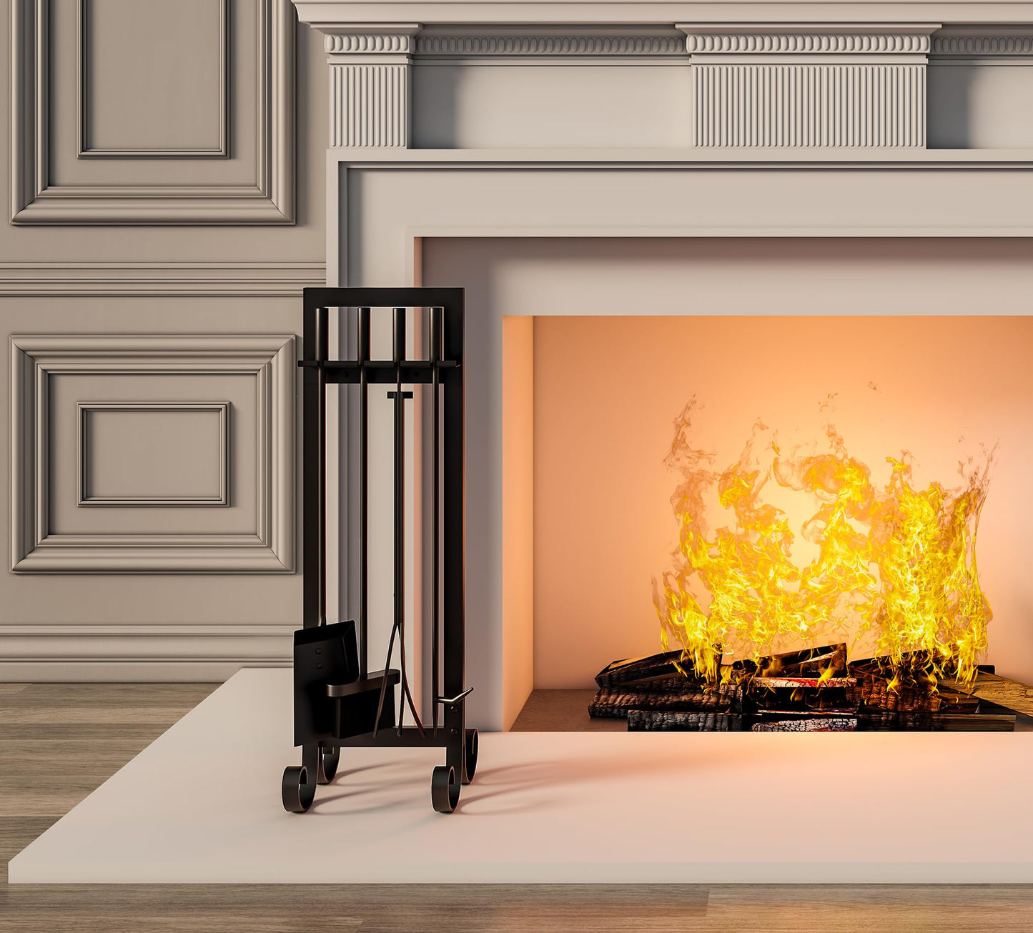 CALIDOLA 5 Pieces Wrouhgt Iron Fireplace Tools Set,31-Inch Modern Black Outdoor Indoor Fireplace Companion Set Stove Hearth Accessories with Poker, Tong, Shovel, Brush