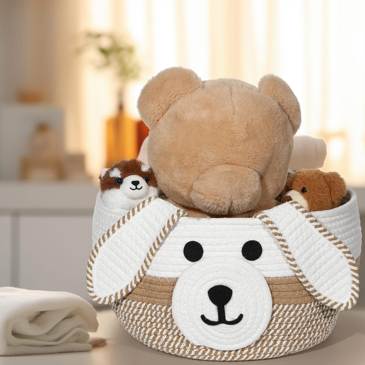 Zopeal Dog Woven Basket Cute Woven Cotton Rope Puppy Animal Storage Basket for Laundry Toy Gift(Khaki, White,13 x 8 Inch)