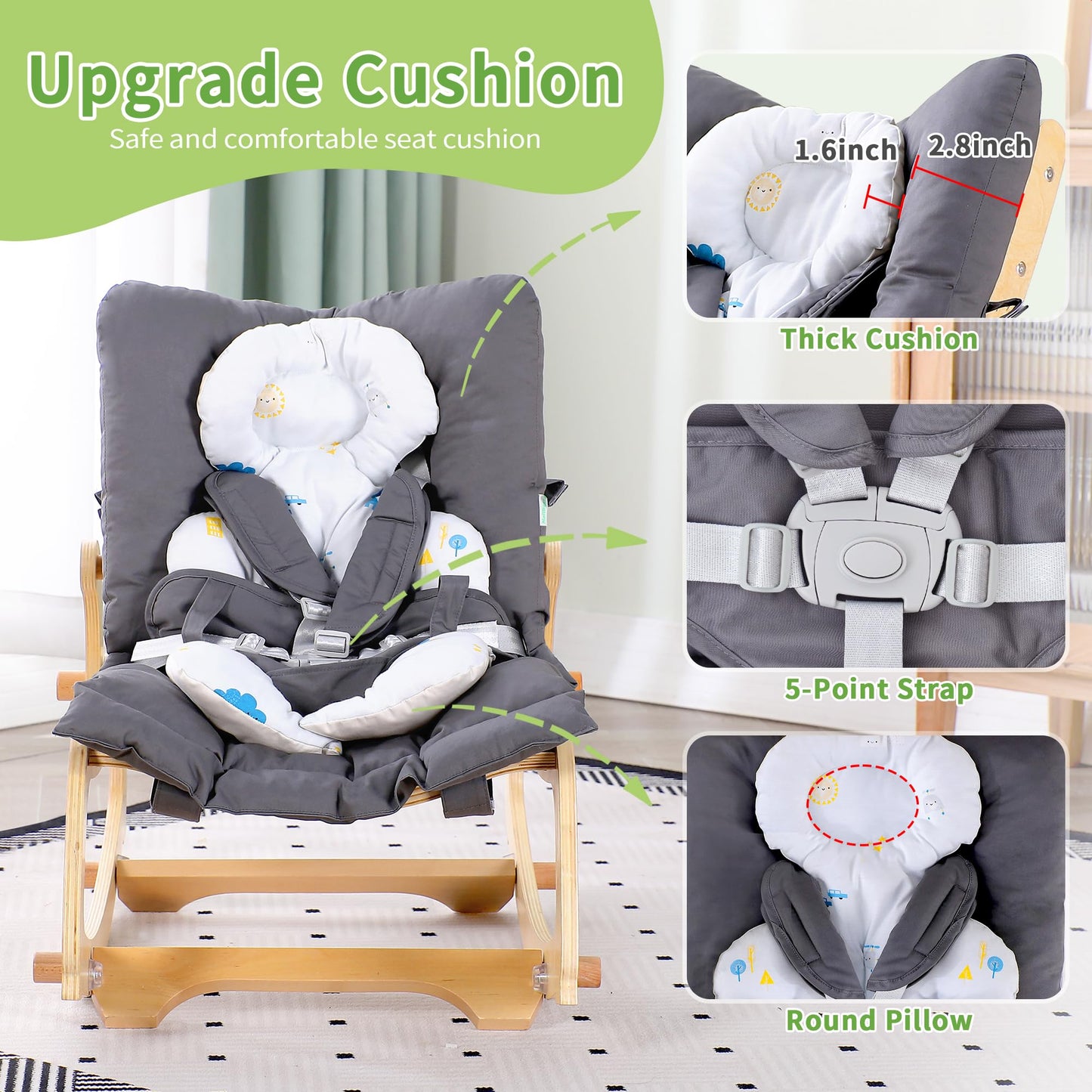 MallBest 3-in-1 Baby Rocker Chair with Double Cushions, for 0-12 Months, Adjustable Wooden Infant Rocker with Removable Cushion and 5-Point Harness for Infant to Toddler（Grey）