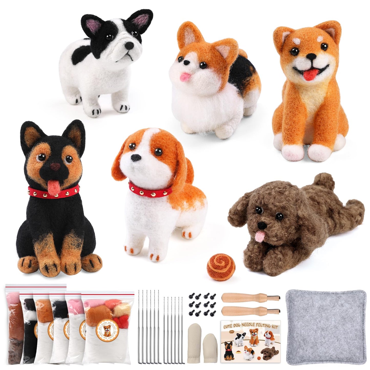 Mayboos 6 Pcs Needle Felting Kit, Animal Needle Felting Beginner Kits Wool Felt Needle Felting Tools with Instruction for DIY Craft Animal Home Decoration (Cute Dog)