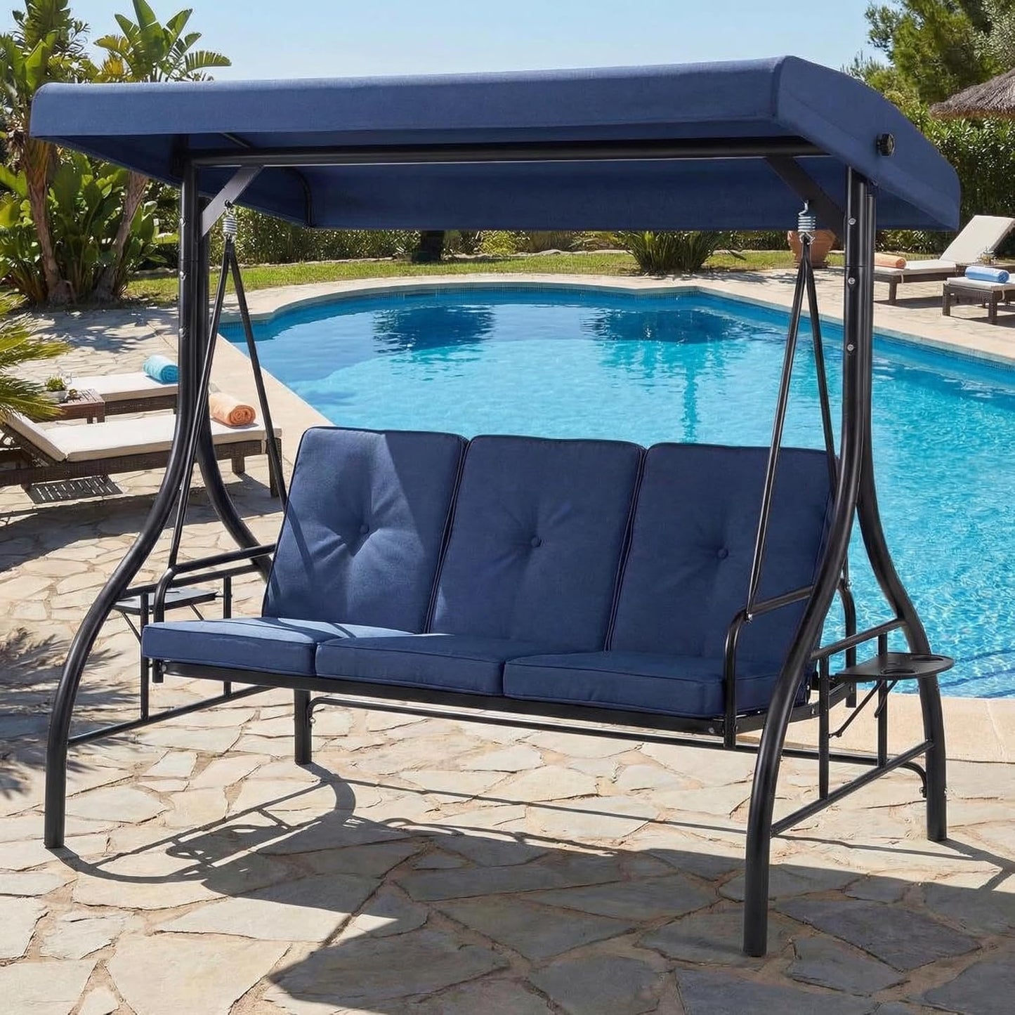 3-Seat Outdoor Swing Chair with Adjustable Canopy - Convertible Swing Bed - Thick Cushions, Built-in Cup Holders - Sturdy Weather-Resistant Steel Frame - Patio, Garden, Backyard, Navy Blue