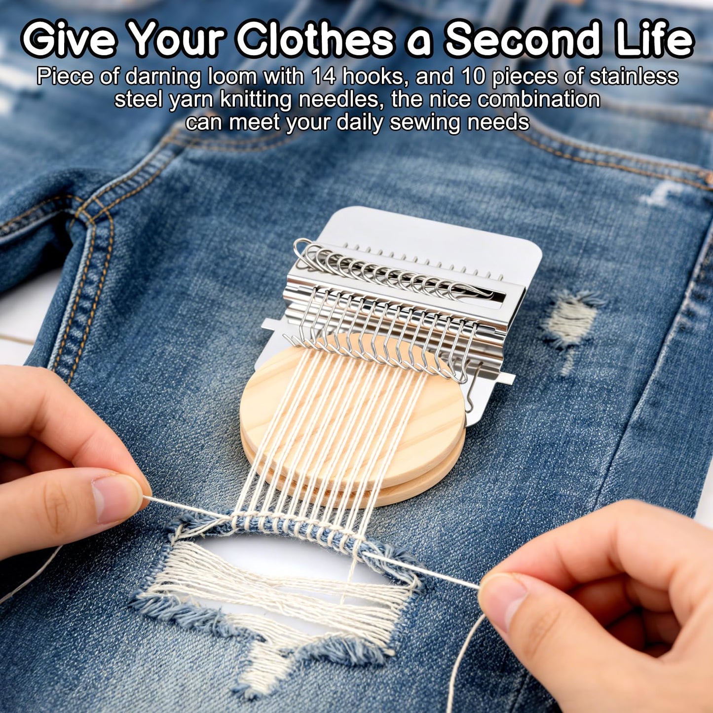 PatchMaker 2.0 Kit, Mini Portable Darning Loom for Beginners, Knitpatch Kit for Holes Repair on Socks, Clothes & Jeans, Sewing Repair Weaving Tool Set, Craft Supplies (14 Hooks)