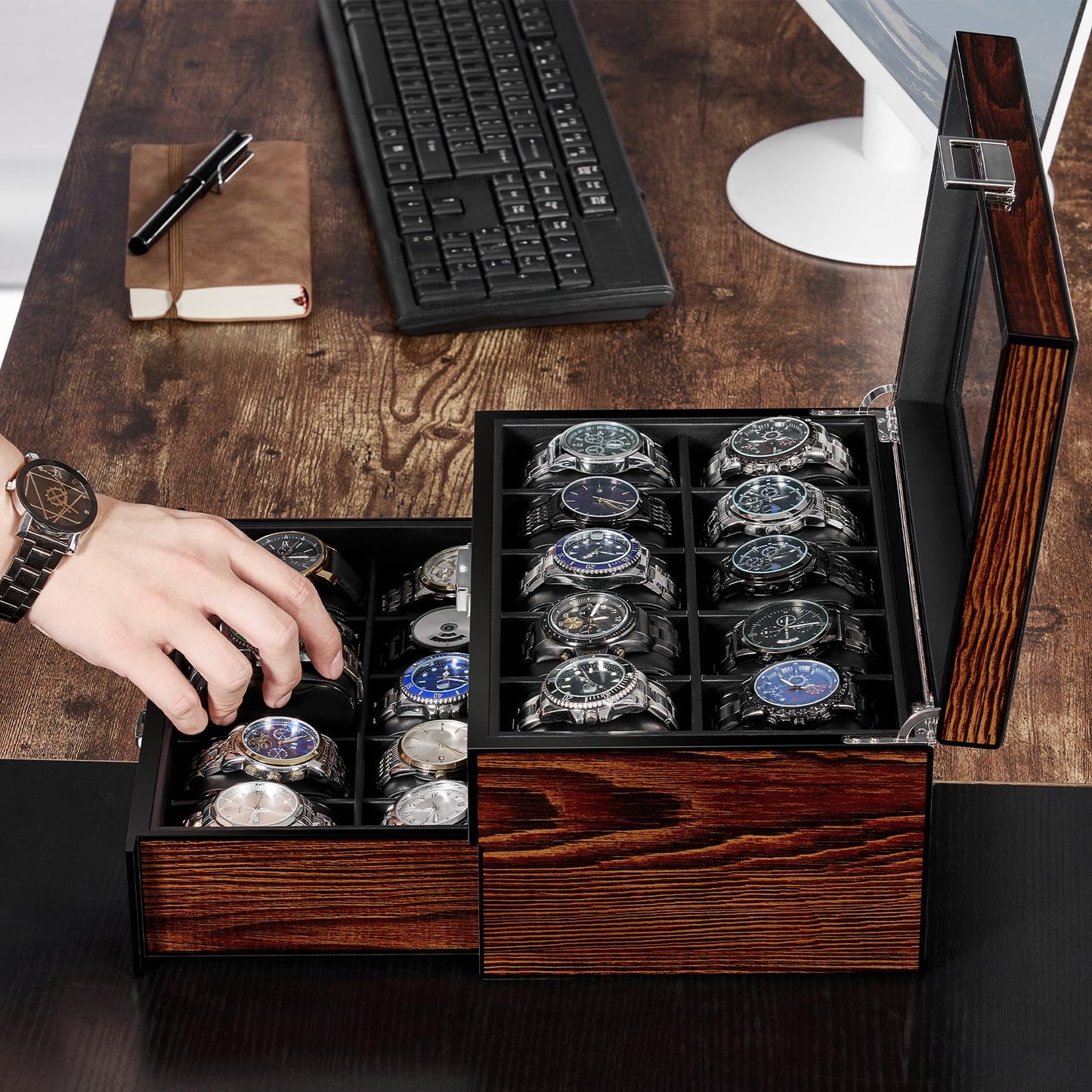 BEWISHOME High-End Watch Box, 20-Slot Watch Case with Large Glass Lid, Wooden Watch Cases for Men, Watch Storage, Watch Organizer, Synthetic Leather Interior, Brown SSH04Y