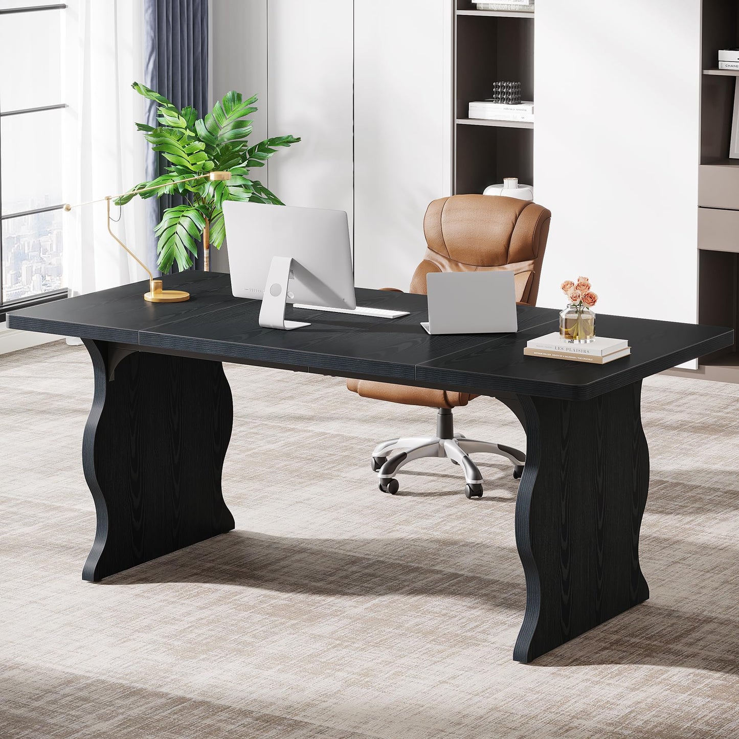 Tribesigns 63" Large Desk for Home Office, Spacious Executive Computer Desk with Ample Leg Room, Double PC Gaming Writing Table Study Desk with Sturdy Legs, Black